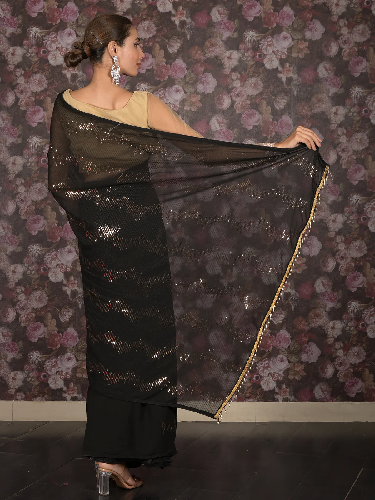 Odette Black and Gold Sequins Embroidered Georgette Saree with Unstitched Blouse for Women - Image 4