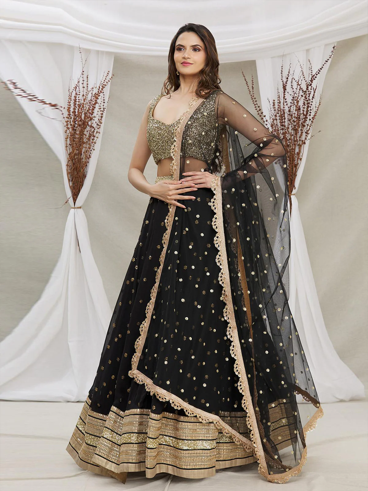 Odette Black And Gold Sequins Embroidered Semi Stitched Lehenga With Unstitched Blouse  For Women - Image 2