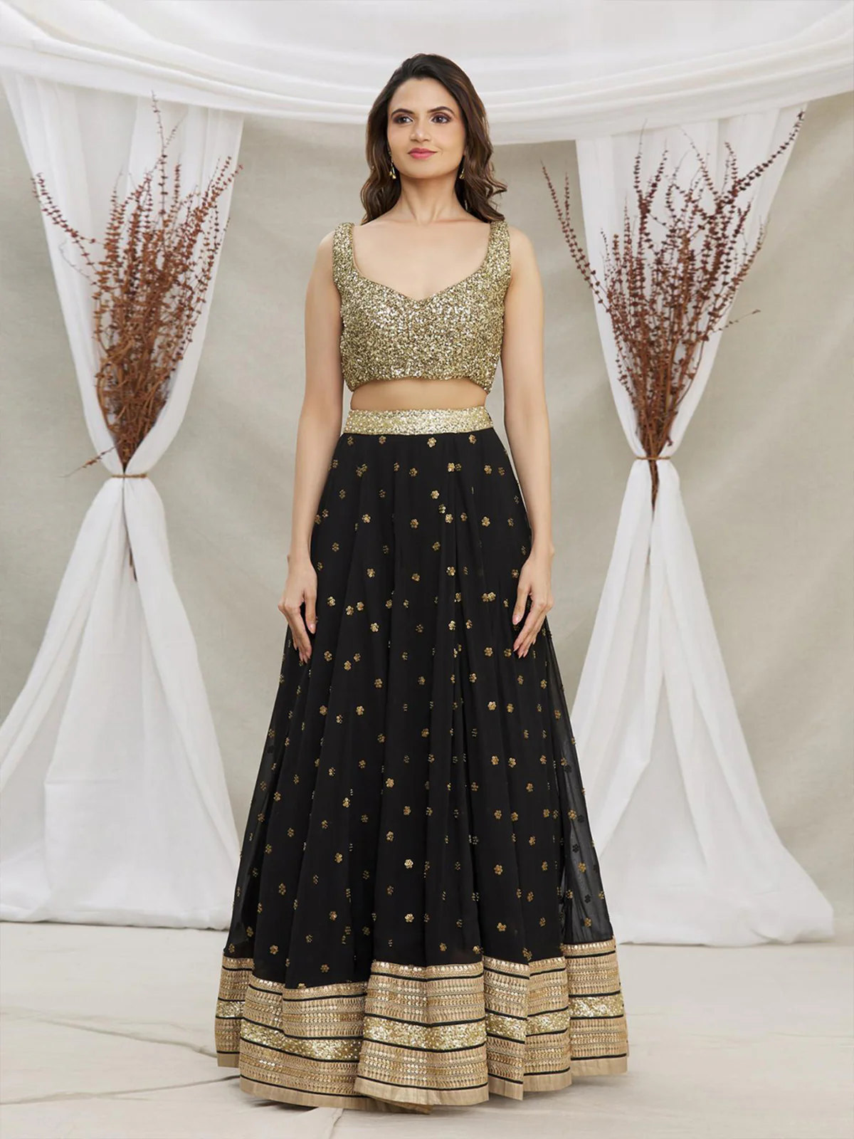 Odette Black And Gold Sequins Embroidered Semi Stitched Lehenga With Unstitched Blouse  For Women - Image 3