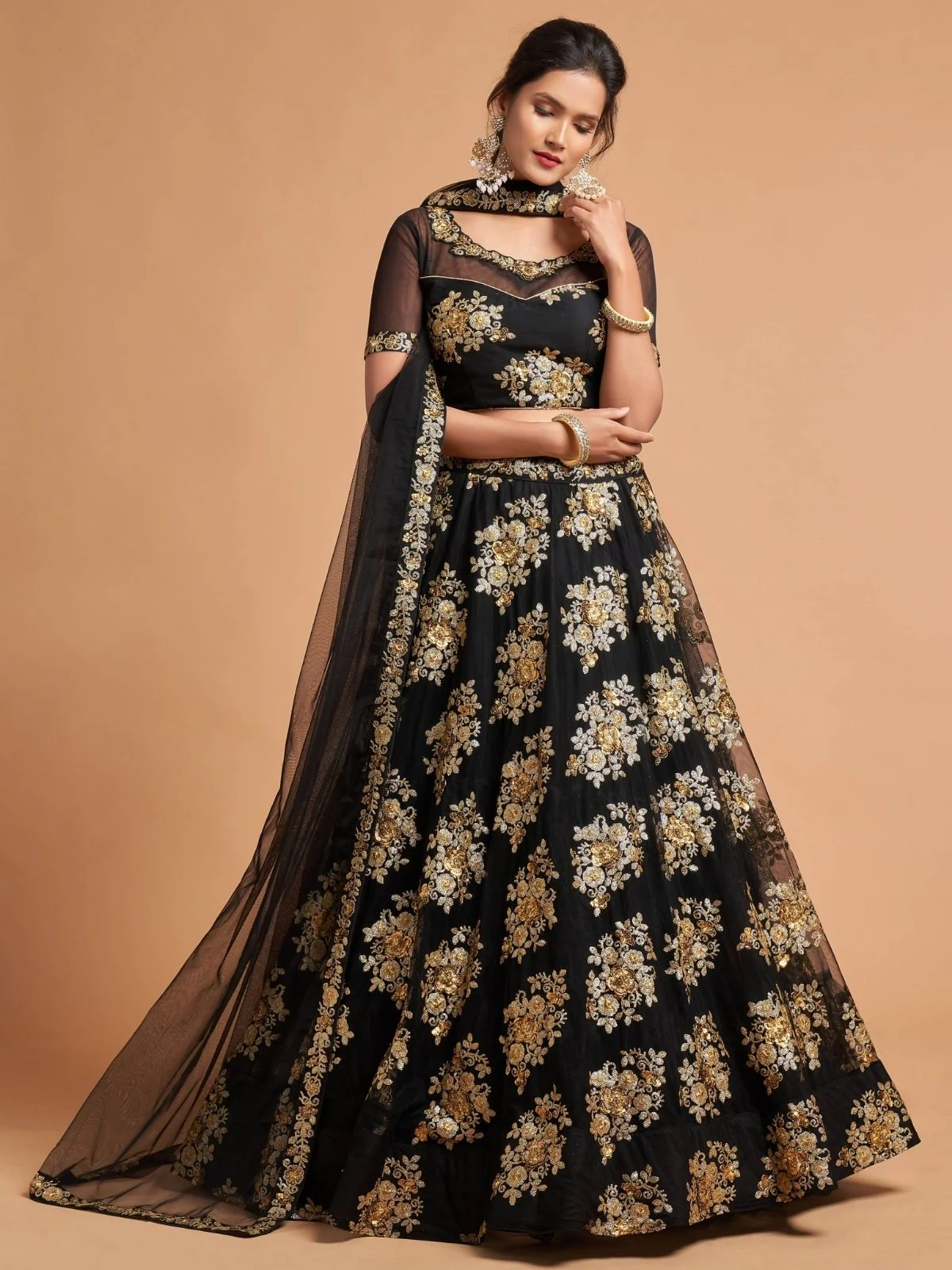 Odette Black And Gold Soft Net Embroidered Semi Stitched Lehenga With Blouse For Women - Image 2