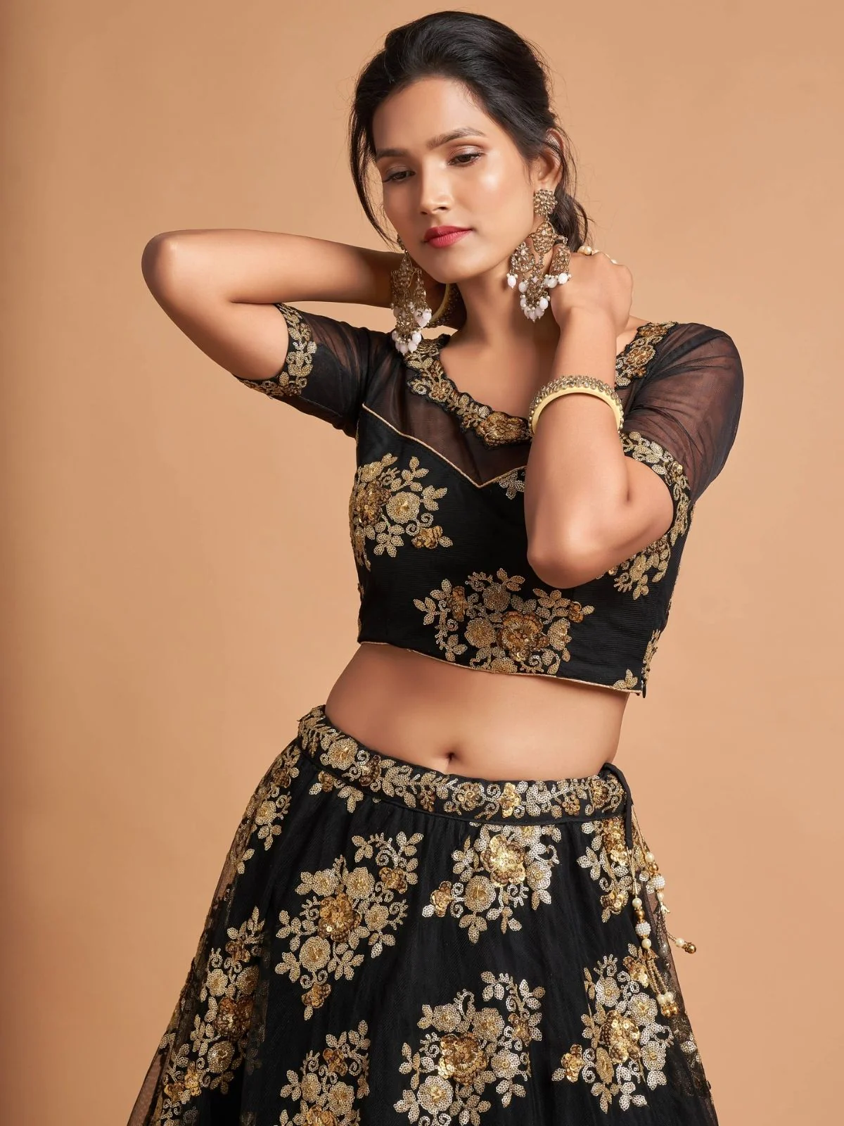 Odette Black And Gold Soft Net Embroidered Semi Stitched Lehenga With Blouse For Women - Image 4