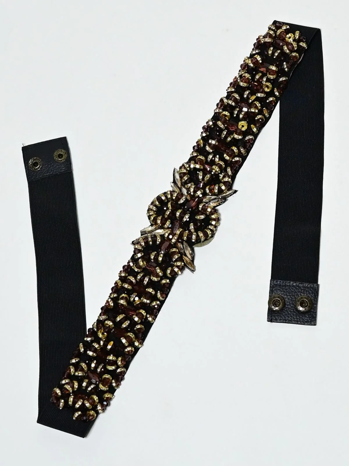Odette Black And Golden Elastic Embellished Belt For Women - Image 3