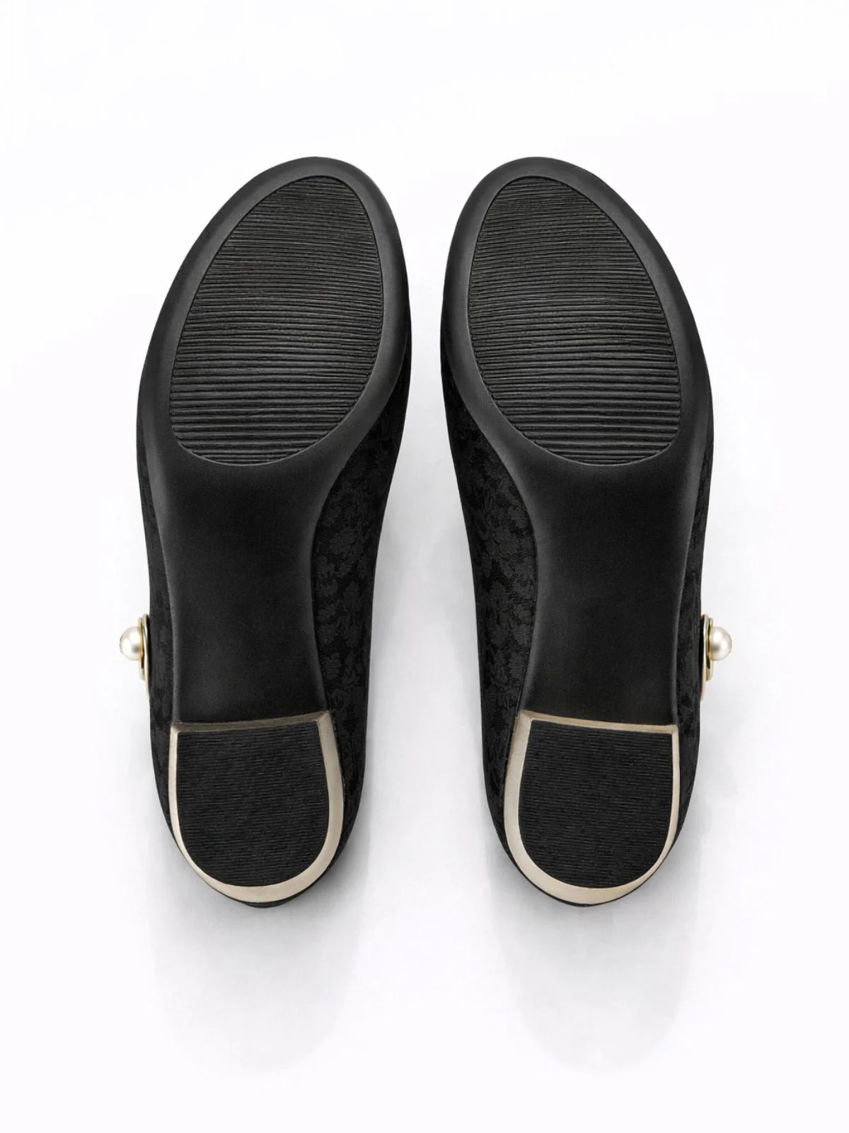 Odette Black And Golden PU Self Design Heels For Women - Image 5
