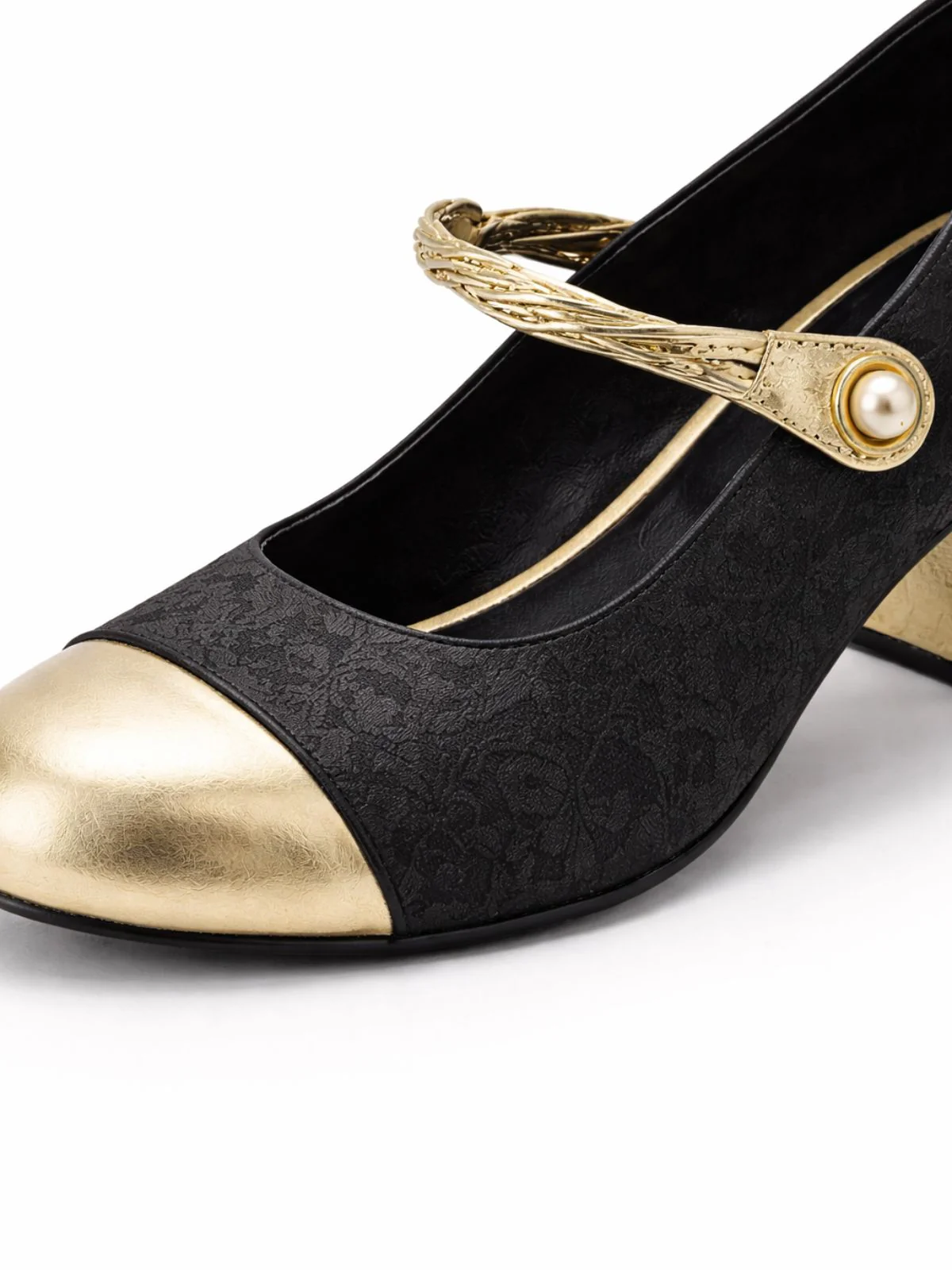Odette Black And Golden PU Self Design Heels For Women - Image 7