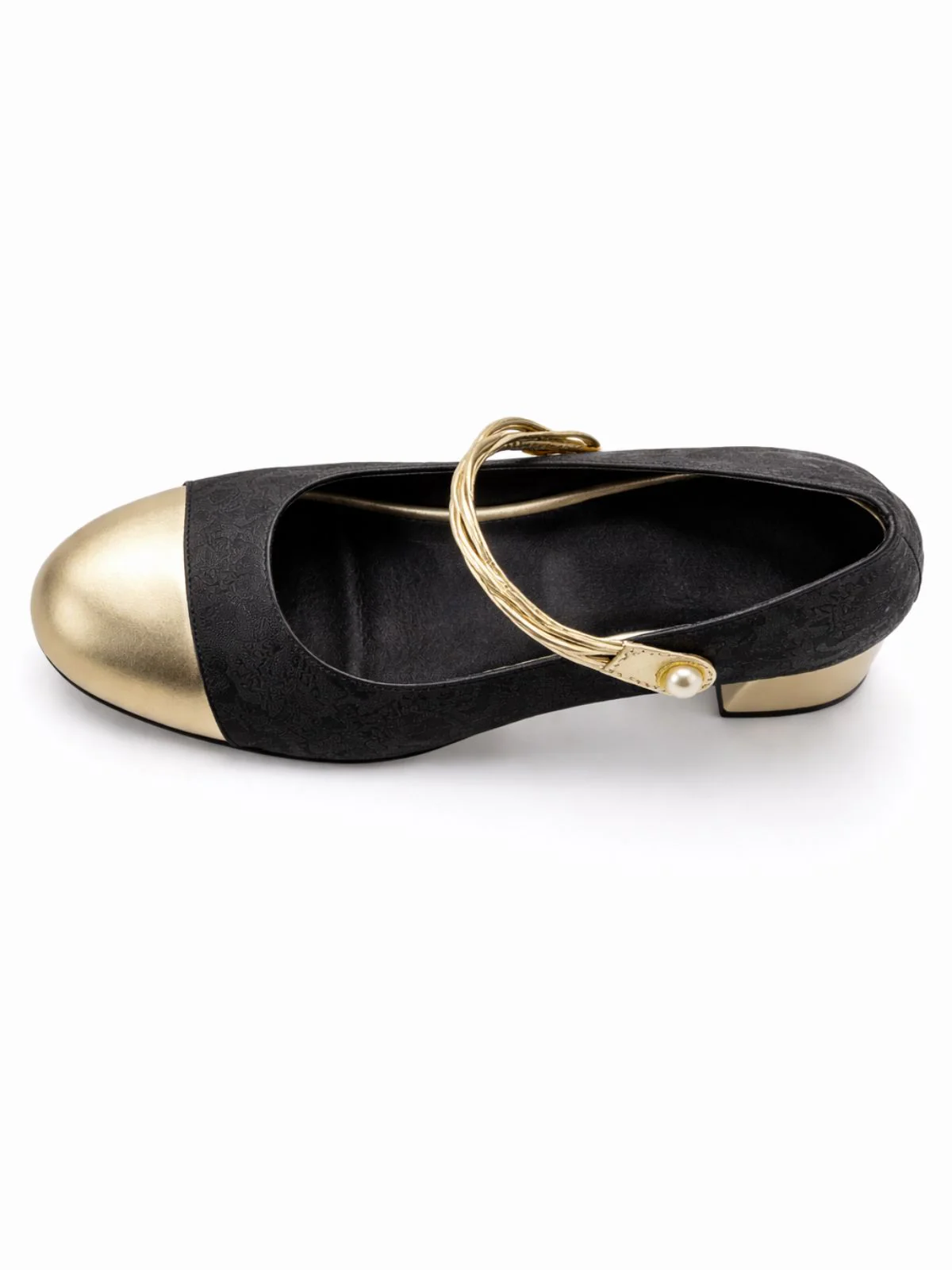 Odette Black And Golden PU Self Design Heels For Women - Image 8