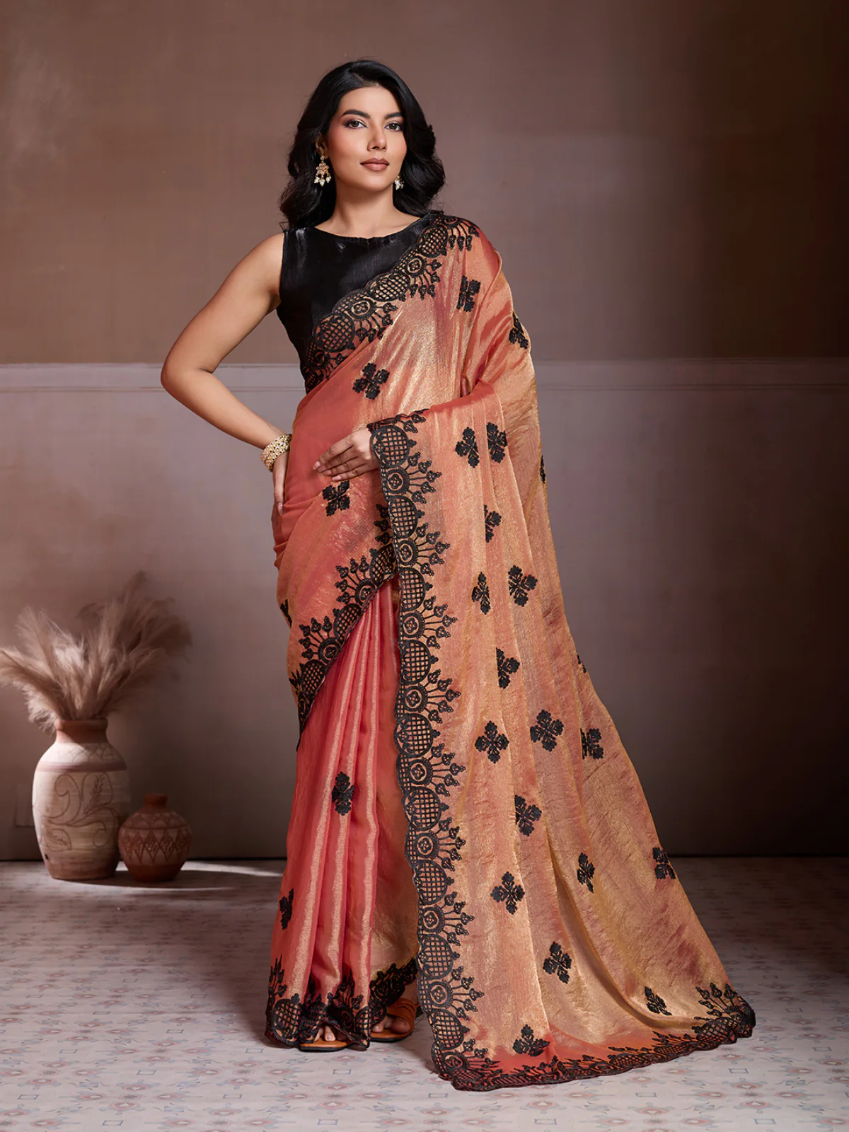 Odette Black And Magenta Chiffon Embroidered Saree For Women