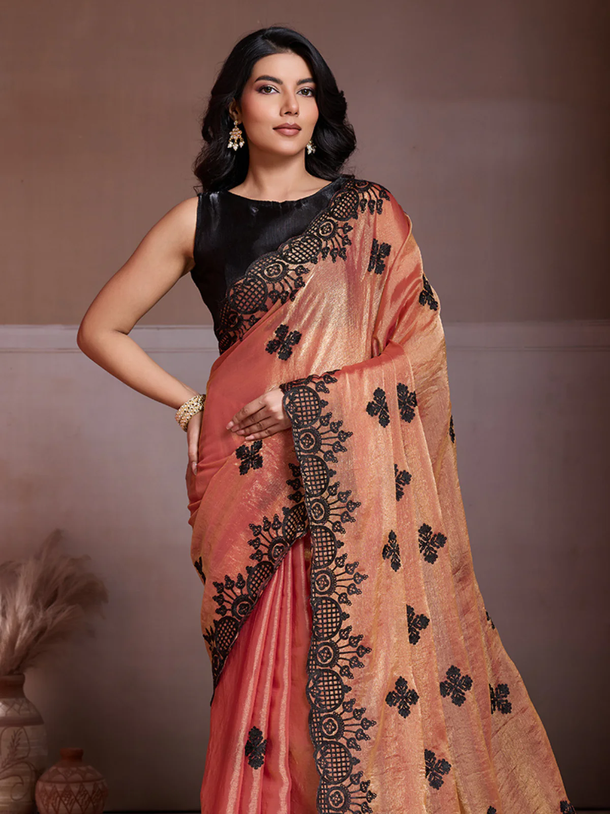 Odette Black And Magenta Chiffon Embroidered Saree For Women - Image 4