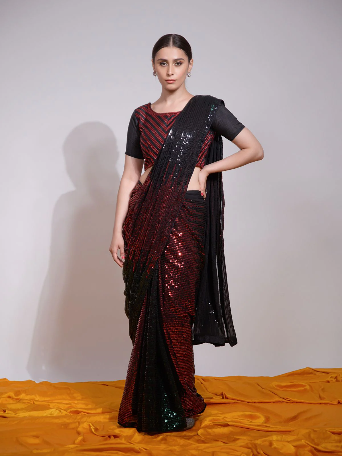 Odette Black And Maroon Embellished Georgette Saree With Unstitched Blouse For Women - Image 2