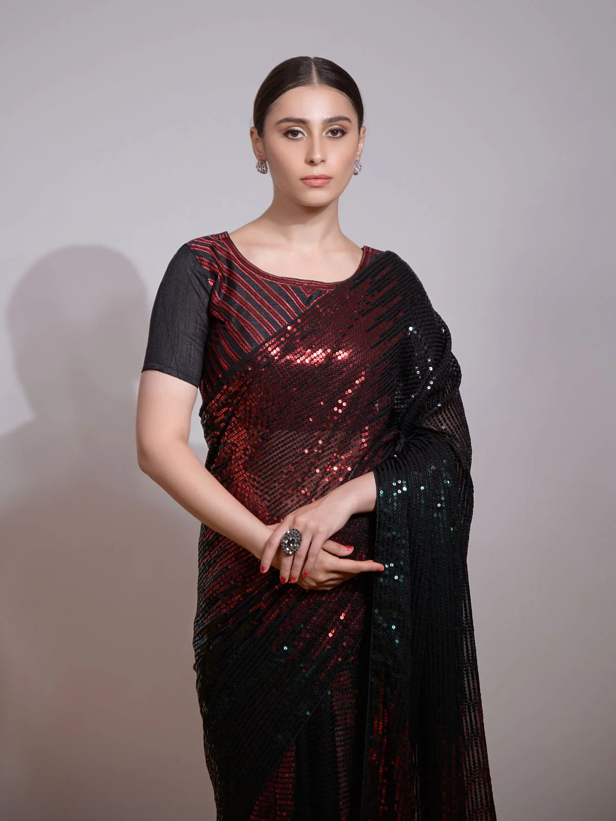 Odette Black And Maroon Embellished Georgette Saree With Unstitched Blouse For Women - Image 4