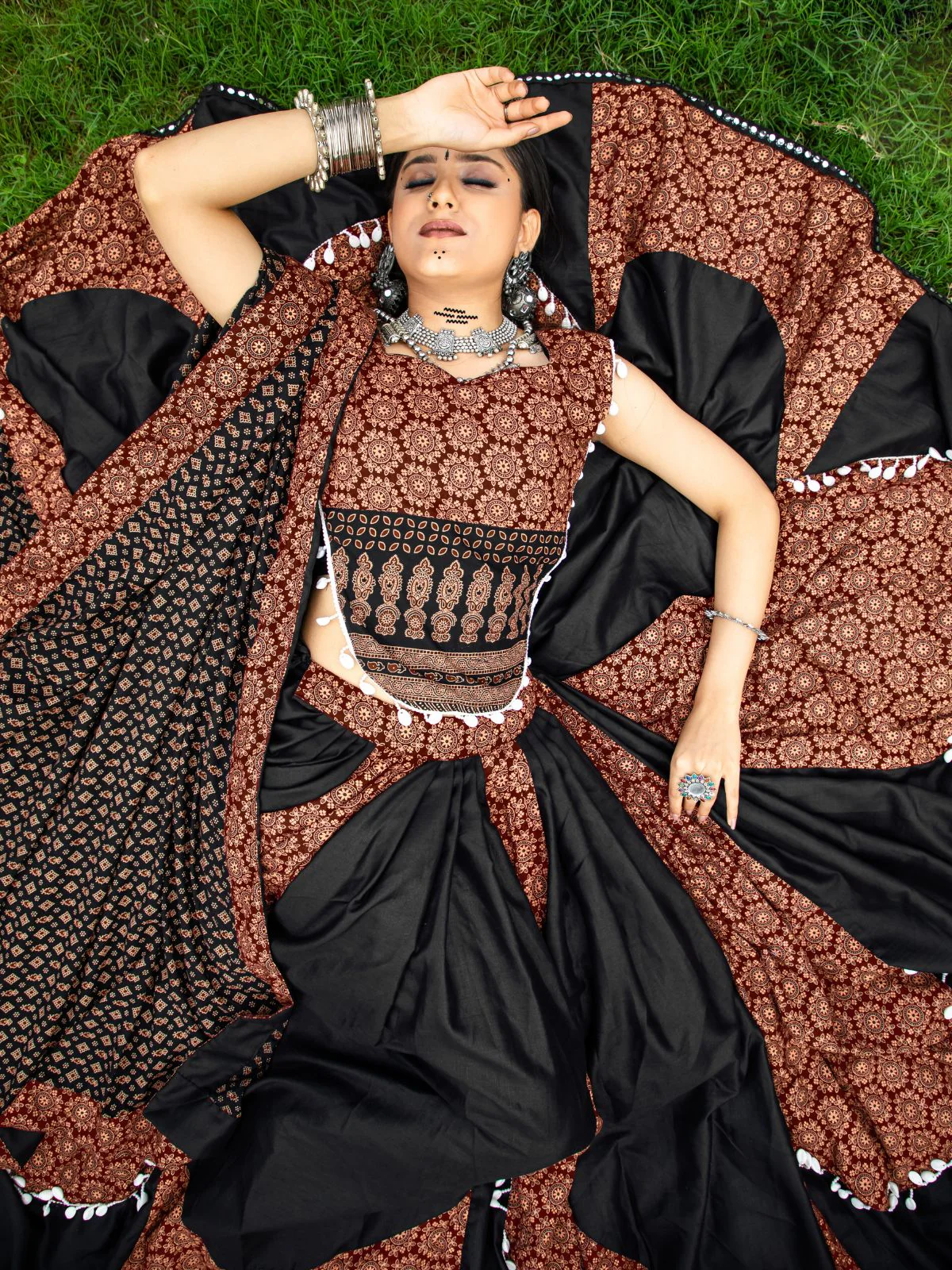 Odette Black And Maroon Printed Cotton Stitched Lehenga With Blouse For Women - Image 4