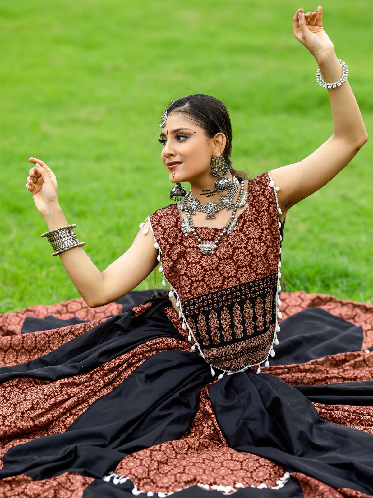 Odette Black And Maroon Printed Cotton Stitched Lehenga With Blouse For Women - Image 5