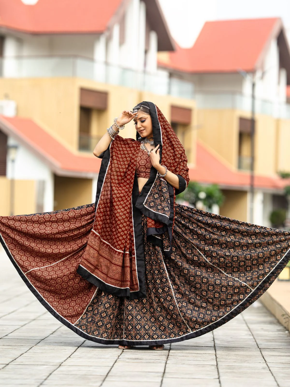 Odette Black And Maroon Printed Cotton Stitched Lehenga With Stitched Blouse And Dupatta For Women