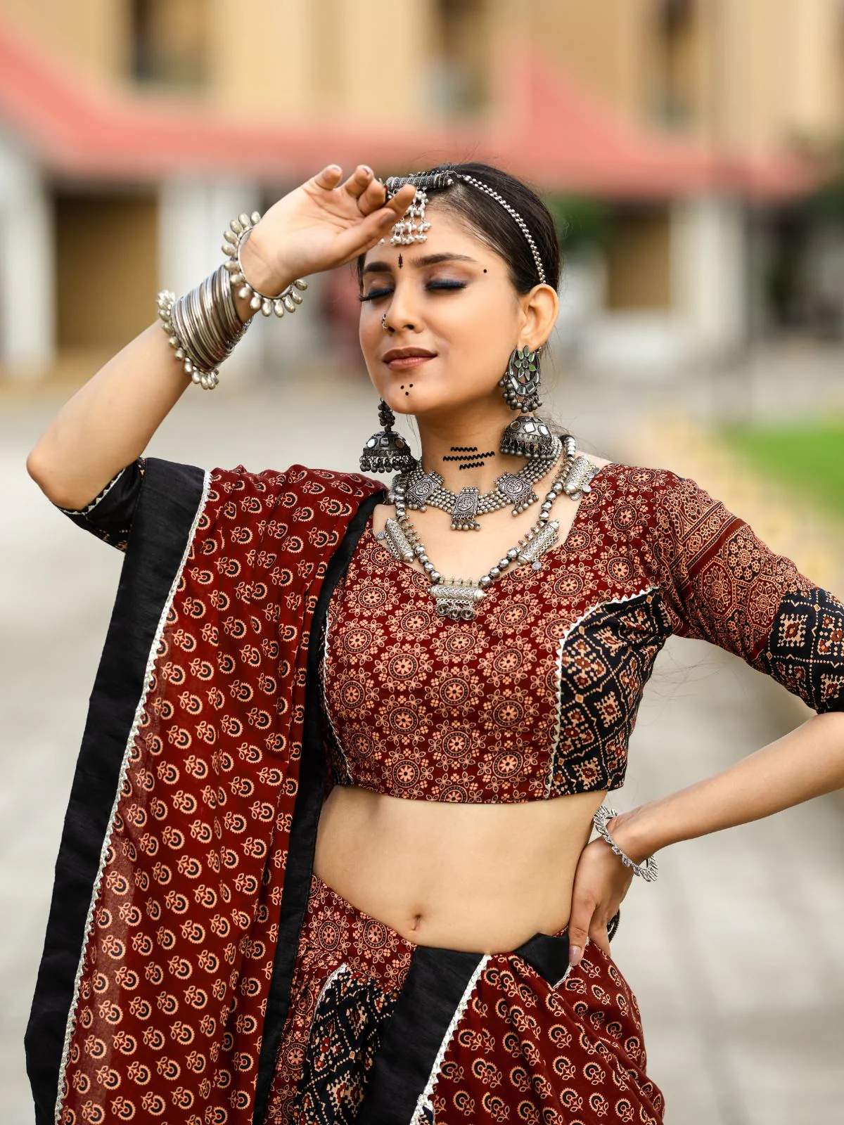 Odette Black And Maroon Printed Cotton Stitched Lehenga With Stitched Blouse And Dupatta For Women - Image 4