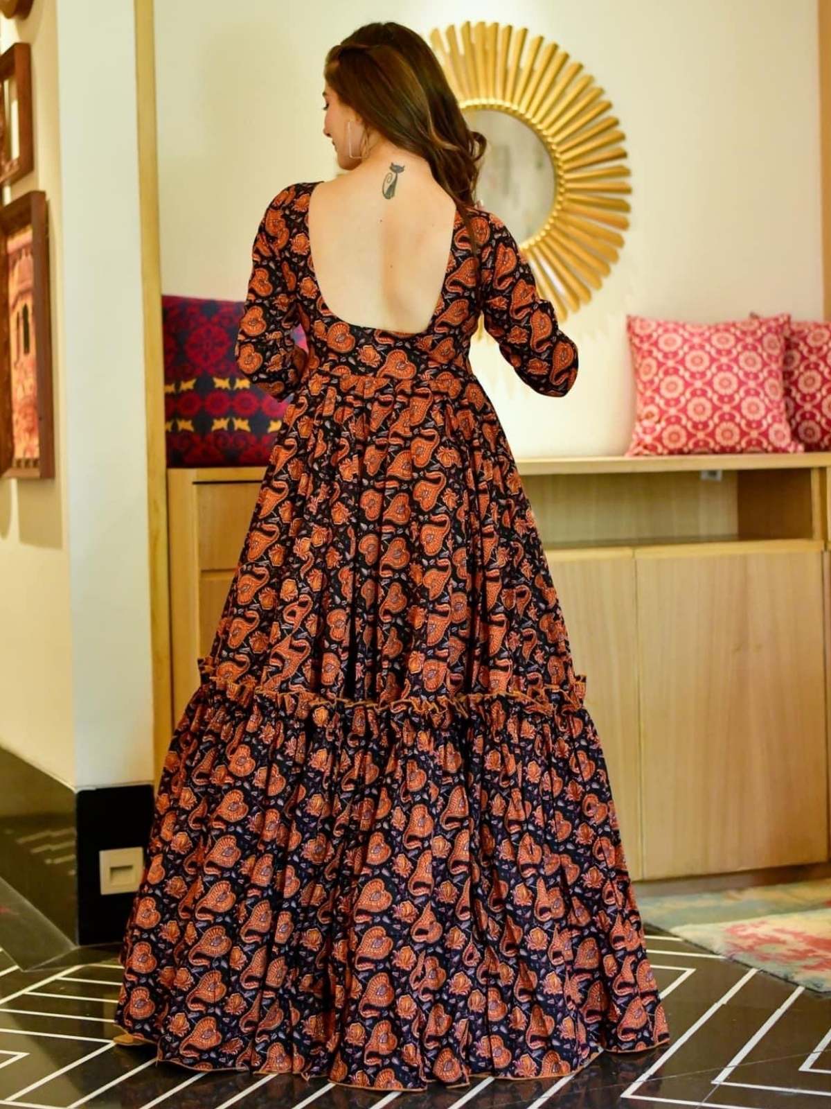 Odette Black And Orange Printed Cotton Silk Stitched Gown For Women - Image 2