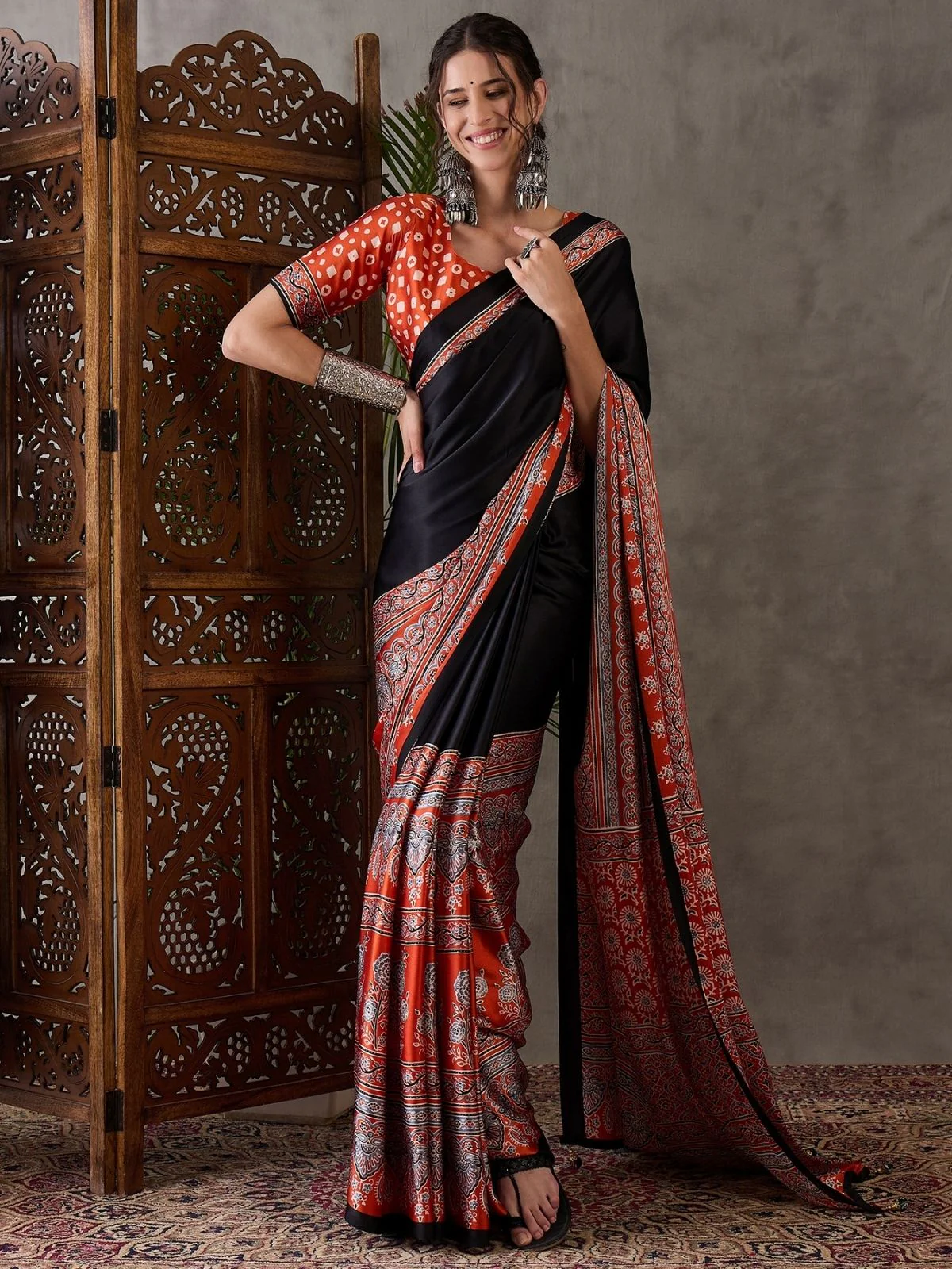 Odette Black And Orange Silk Blend Printed Elegant Saree For Women