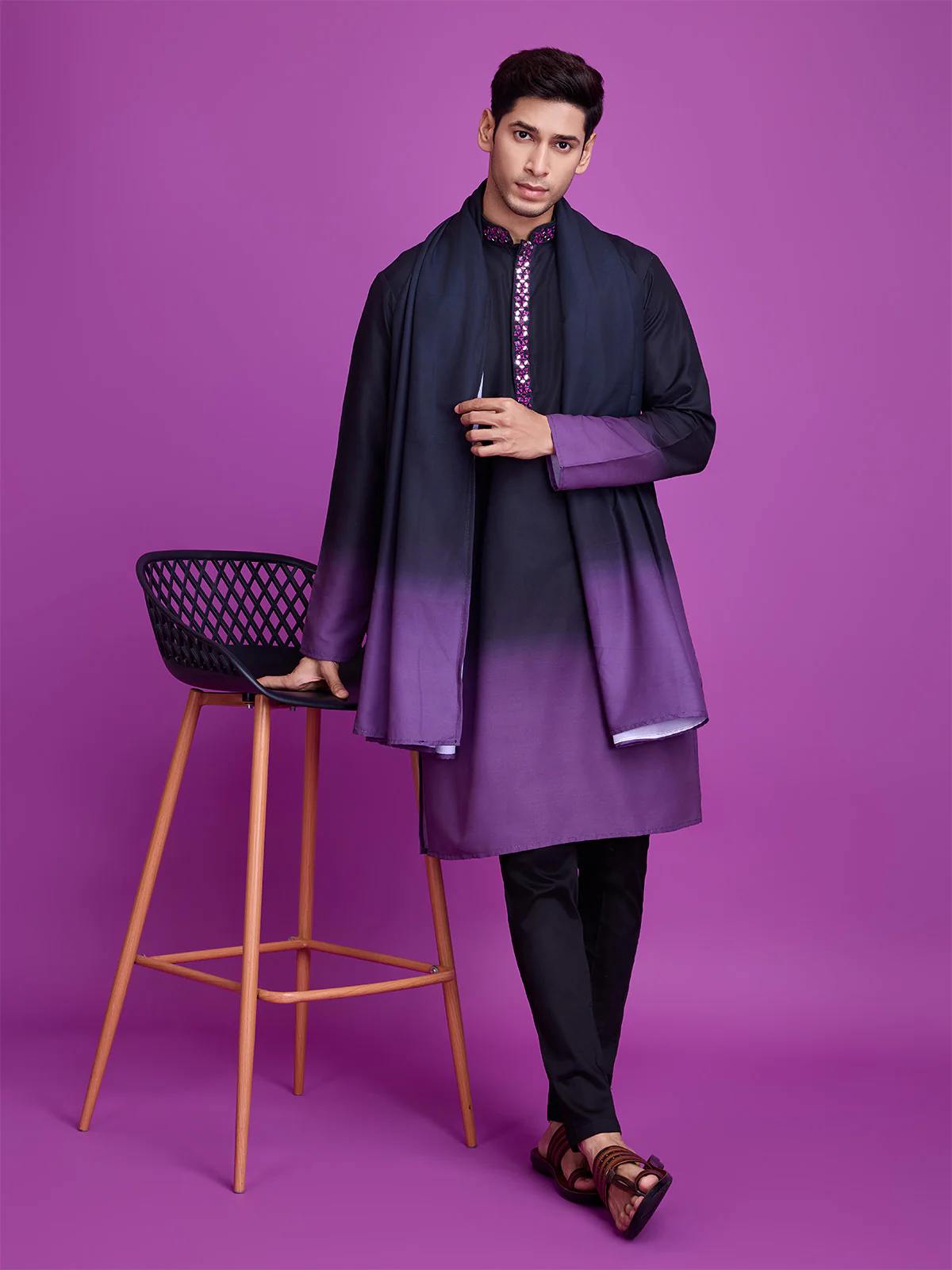 Odette Black And Purple Ombre Rayon Kurta With Dupatta For Men,