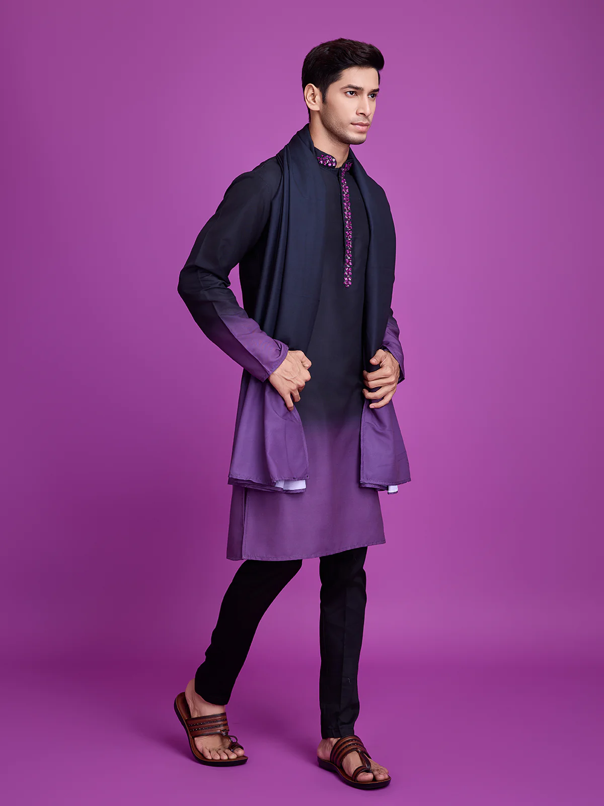 Odette Black And Purple Ombre Rayon Kurta With Dupatta For Men, - Image 3