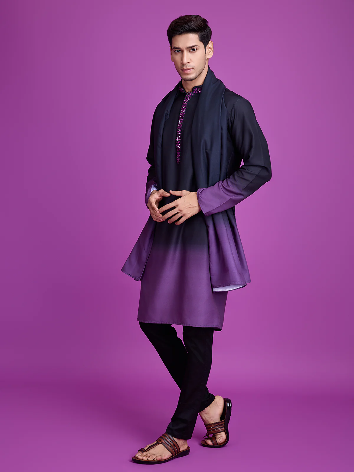 Odette Black And Purple Ombre Rayon Kurta With Dupatta For Men, - Image 4
