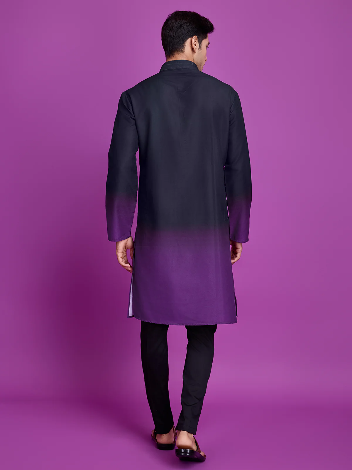 Odette Black And Purple Ombre Rayon Kurta With Dupatta For Men, - Image 5