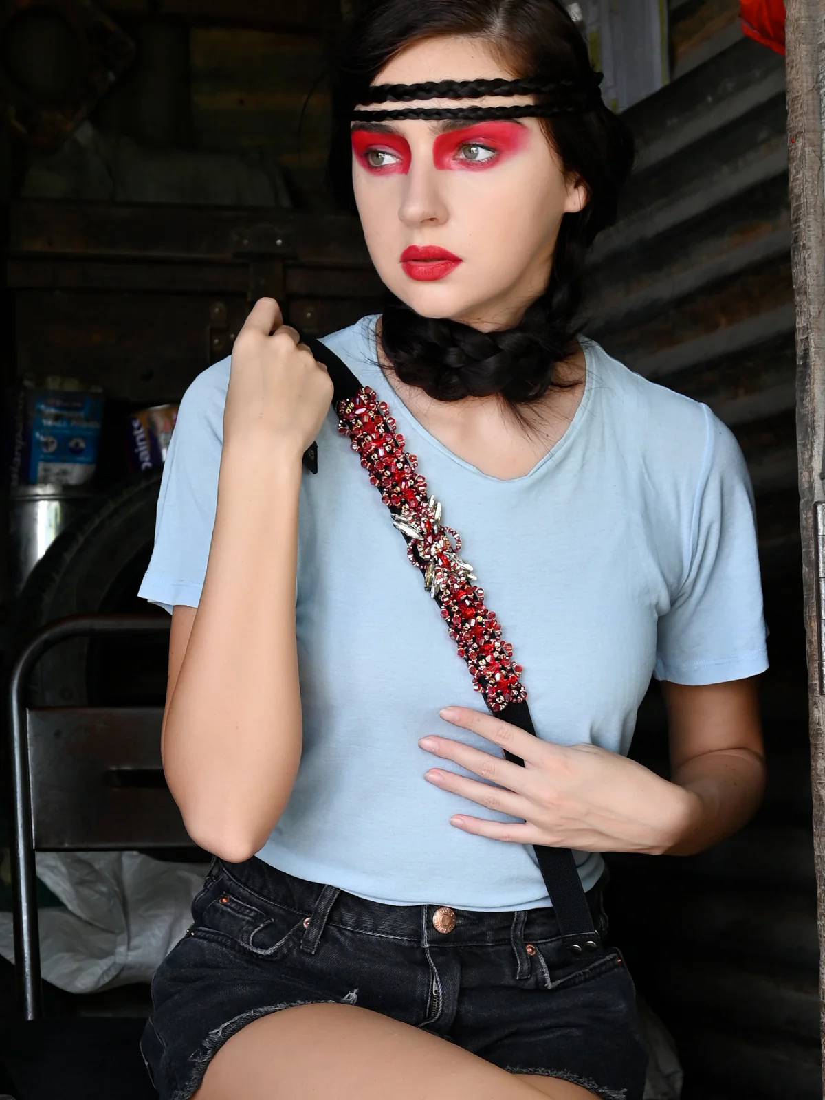 Odette Black And Red Elastic Embellished Belt For Women