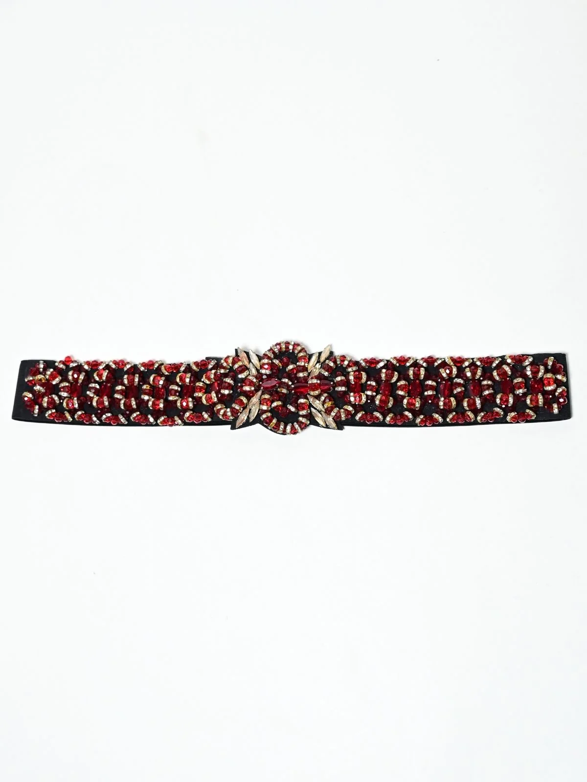 Odette Black And Red Elastic Embellished Belt For Women - Image 2