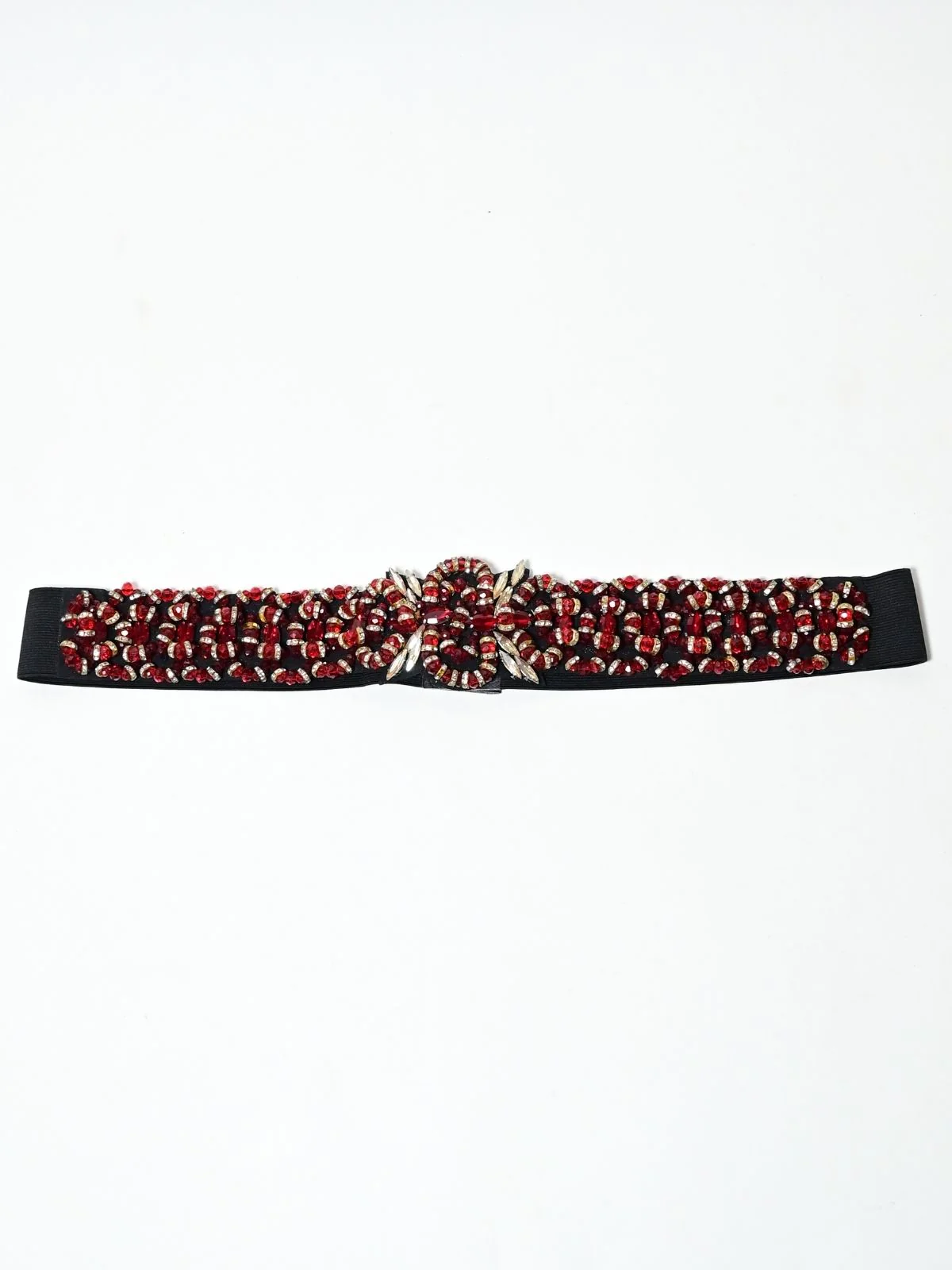 Odette Black And Red Elastic Embellished Belt For Women - Image 3