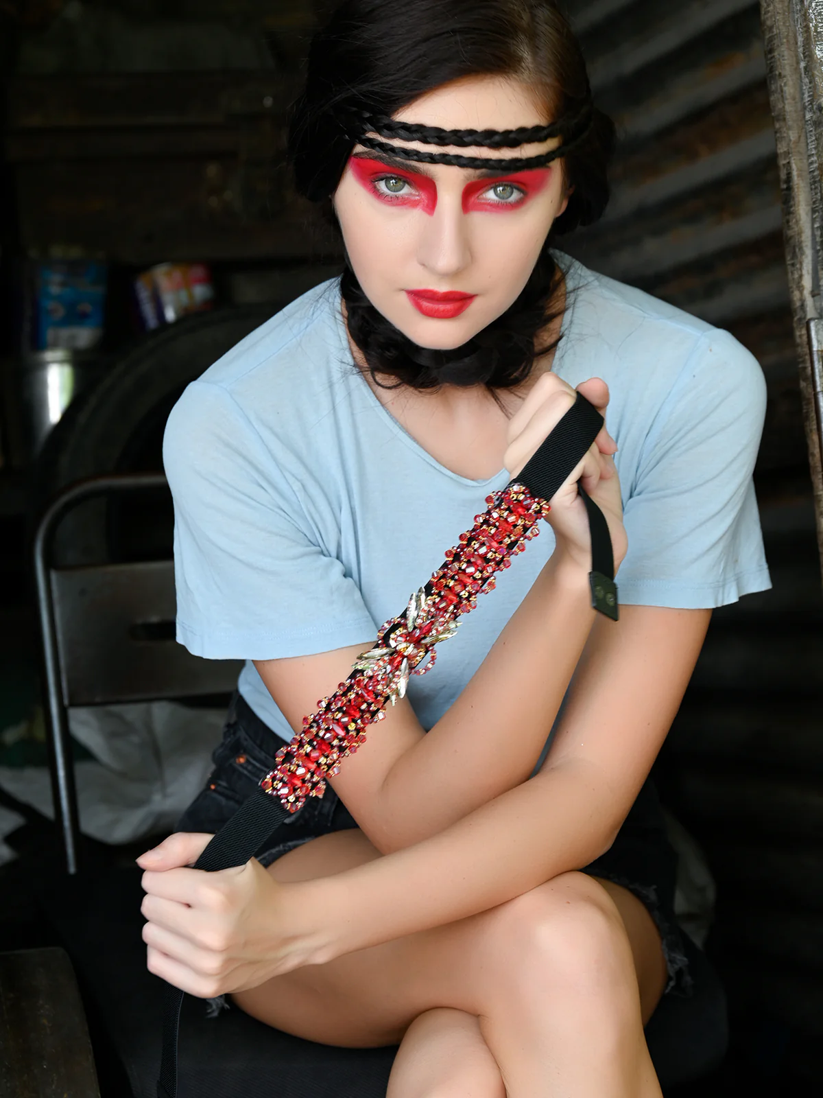Odette Black And Red Elastic Embellished Belt For Women - Image 6