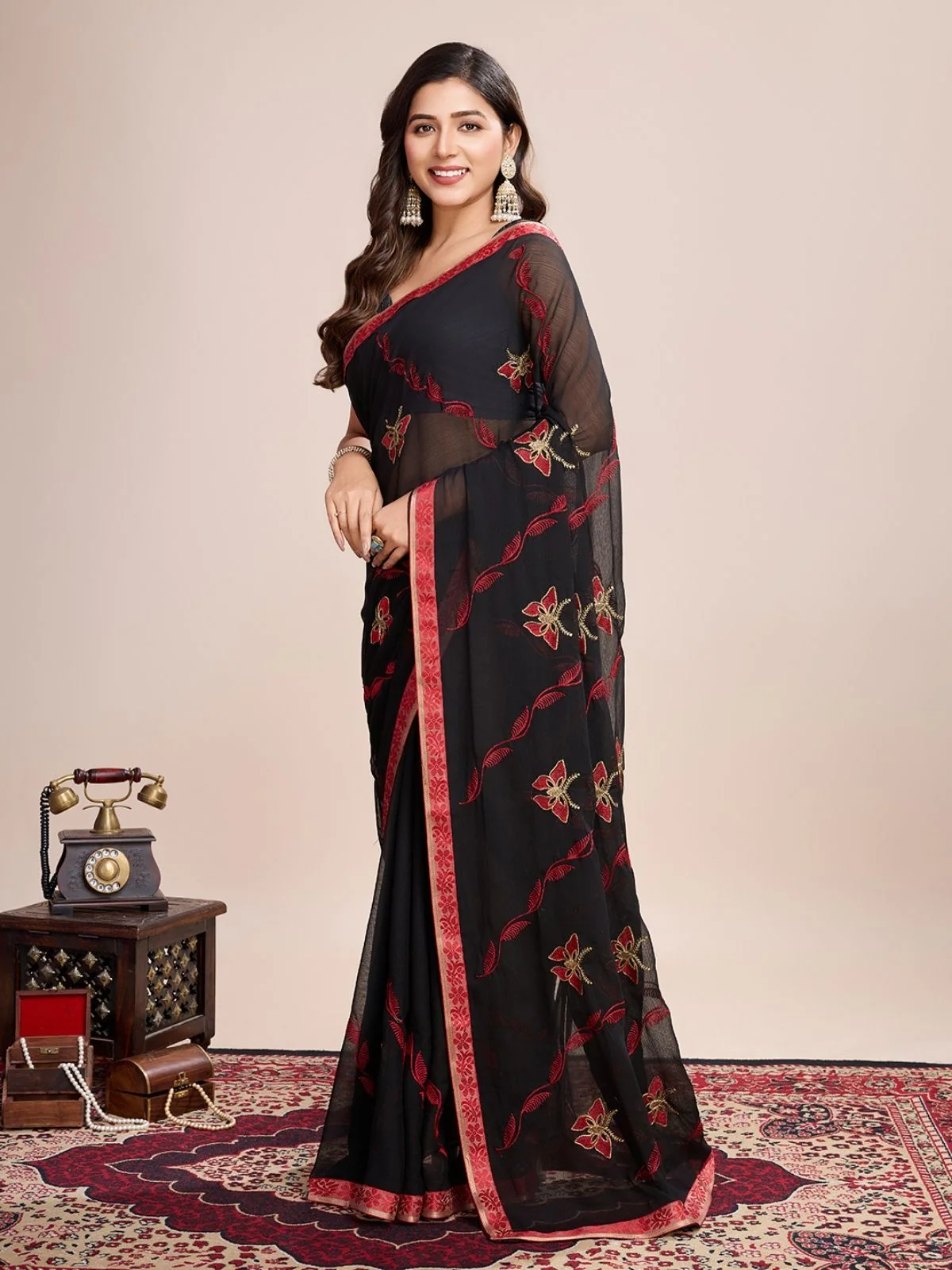 Odette Black And Red Georgette Embroidered Saree With Unstitched Blouse For Women - Image 2