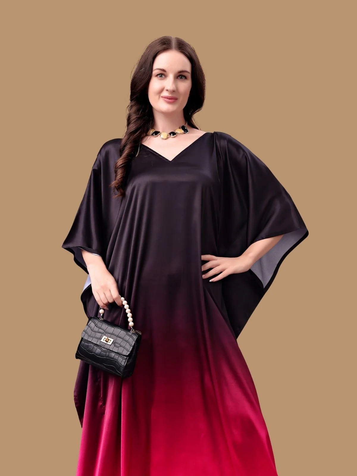 Odette Black And Red Satin Printed Kaftan For Women - Image 4