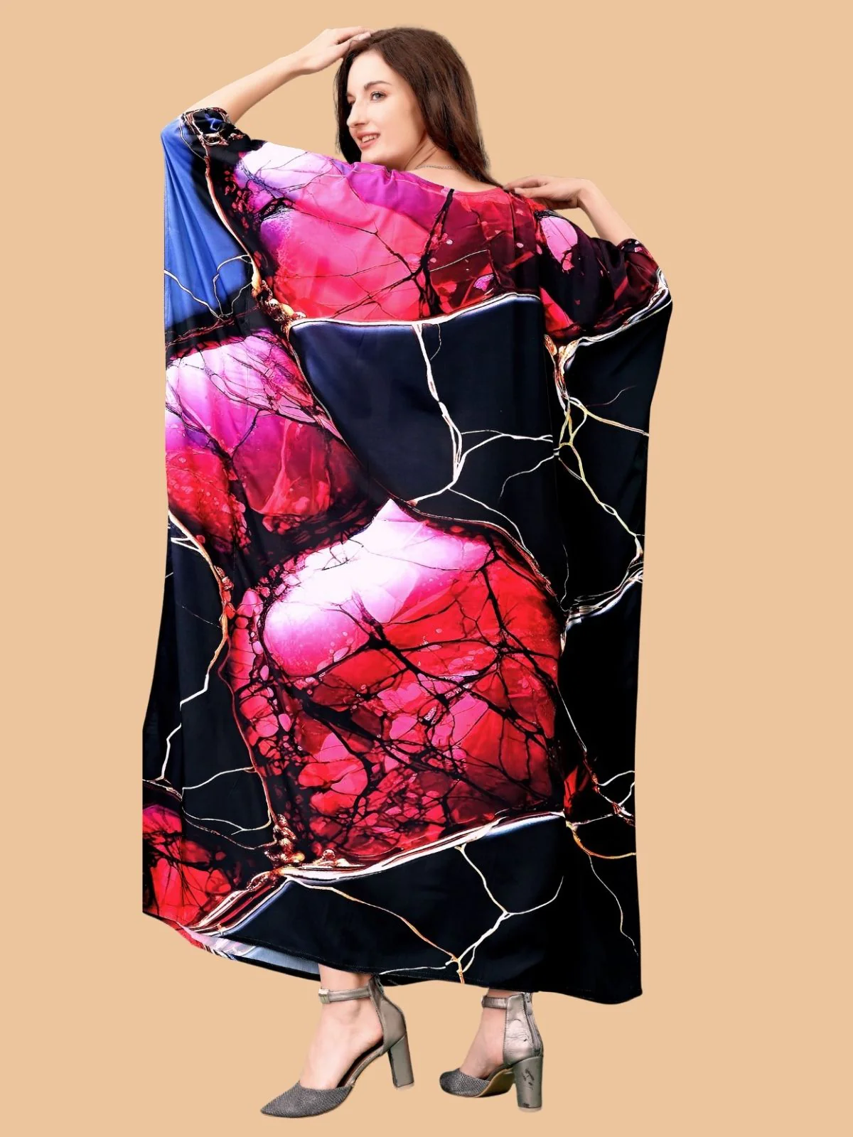 Odette Black And Red Silk Blend Printed Kaftan For Women - Image 3