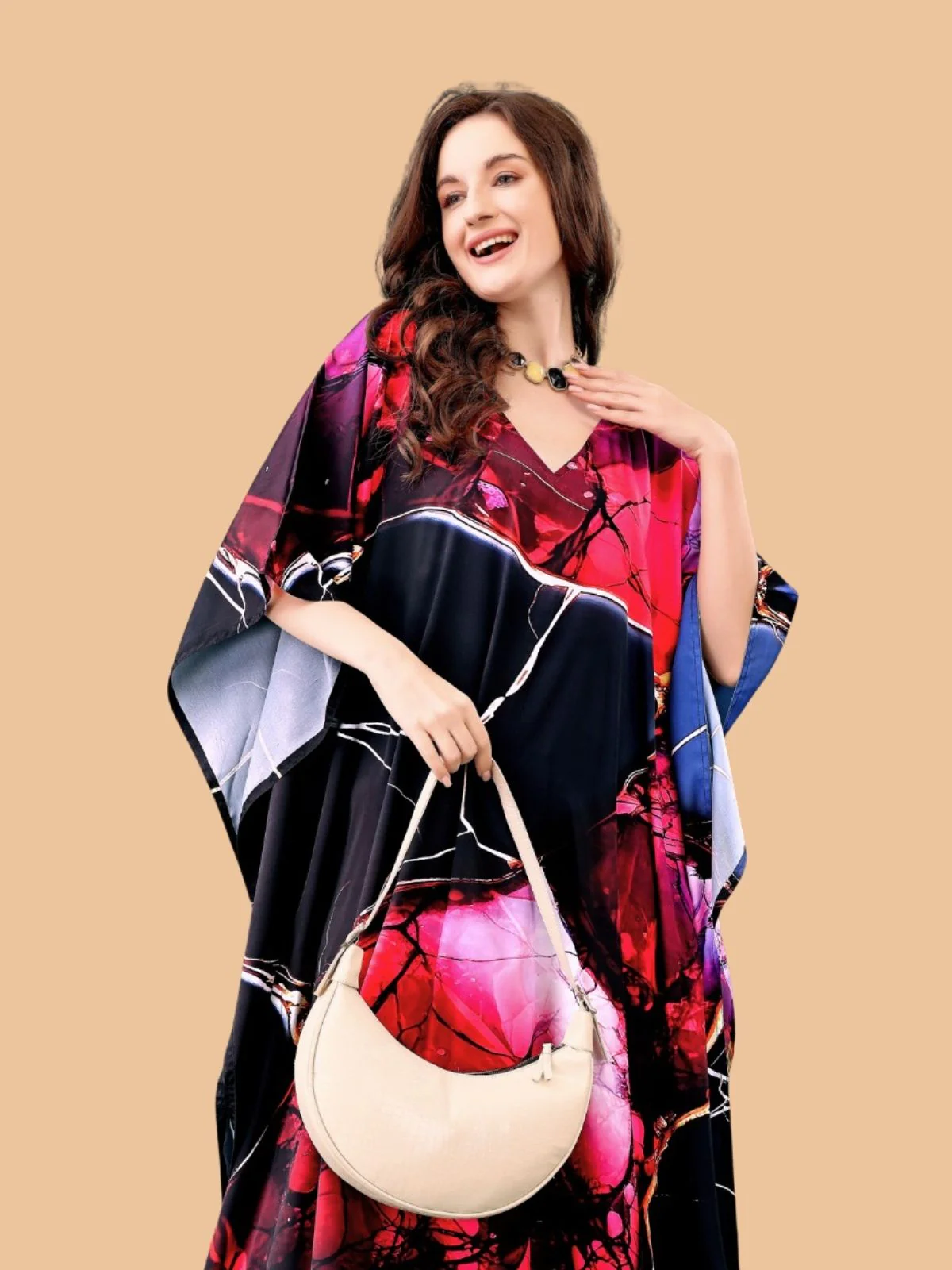 Odette Black And Red Silk Blend Printed Kaftan For Women - Image 4