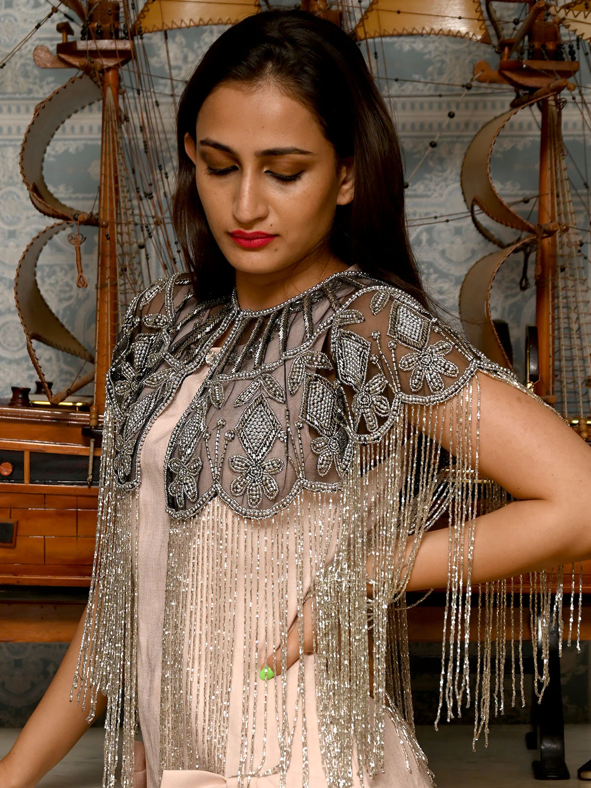 Odette Black And Silver Net Beads Embroidered Cape for Women - Image 2