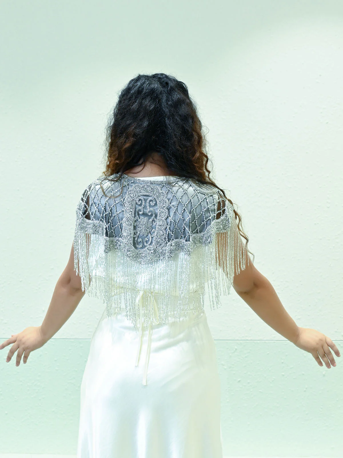 Odette Black And Silver Net Embellished Cape For Women - Image 3