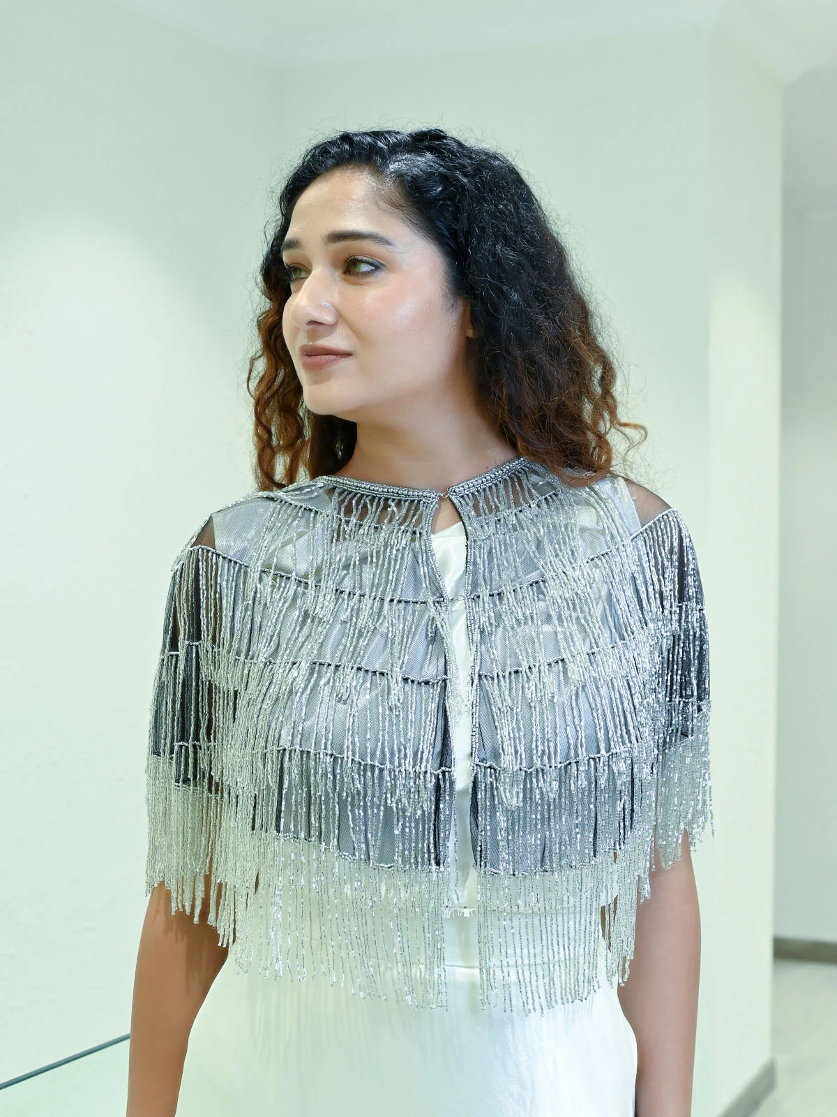 Odette Black And Siver Net Embellished Cape For Women