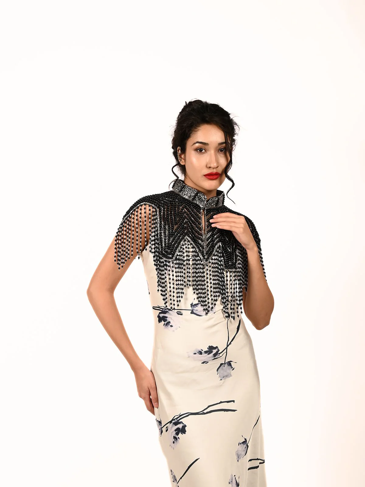 Odette Black And Silver Net Embellished Cape For Women
