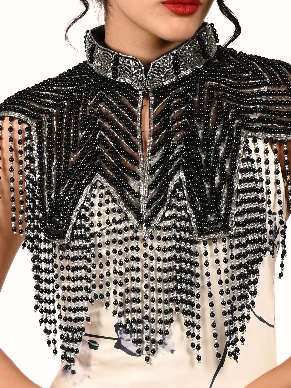 Odette Black And Silver Net Embellished Cape For Women - Image 3