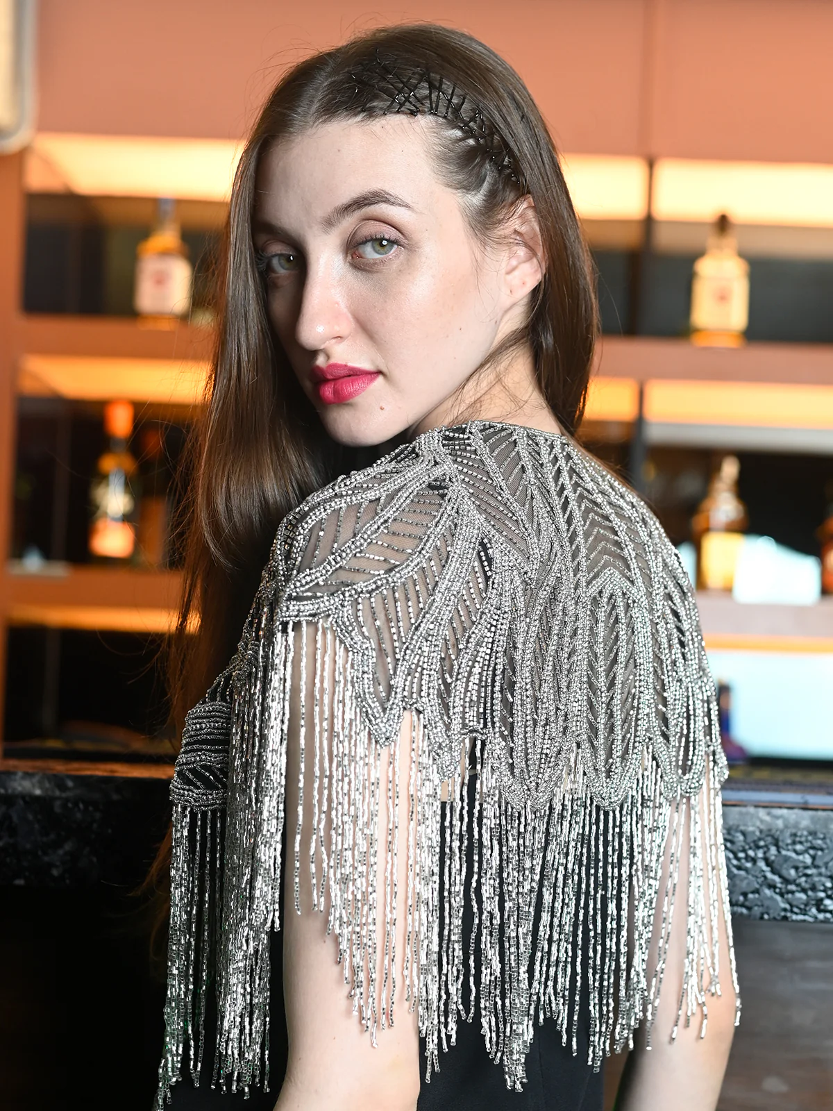 Odette Black And Silver Net Embroidered Cape For Women - Image 3