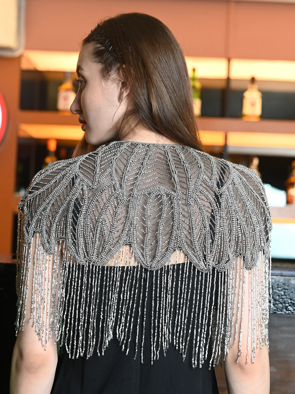 Odette Black And Silver Net Embroidered Cape For Women - Image 4