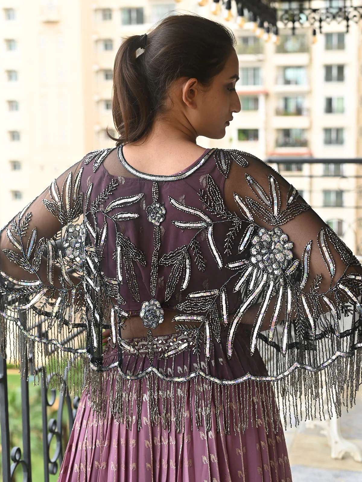 Odette Black And Silver Net Sequins and Beads Tasseled Cape for Women - Image 3