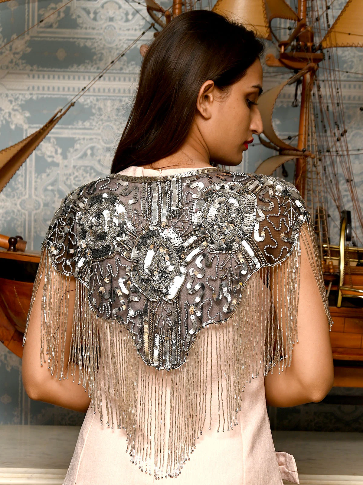 Odette Black And Silver Net Sequins and Beads Tasseled Cape for Women - Image 3
