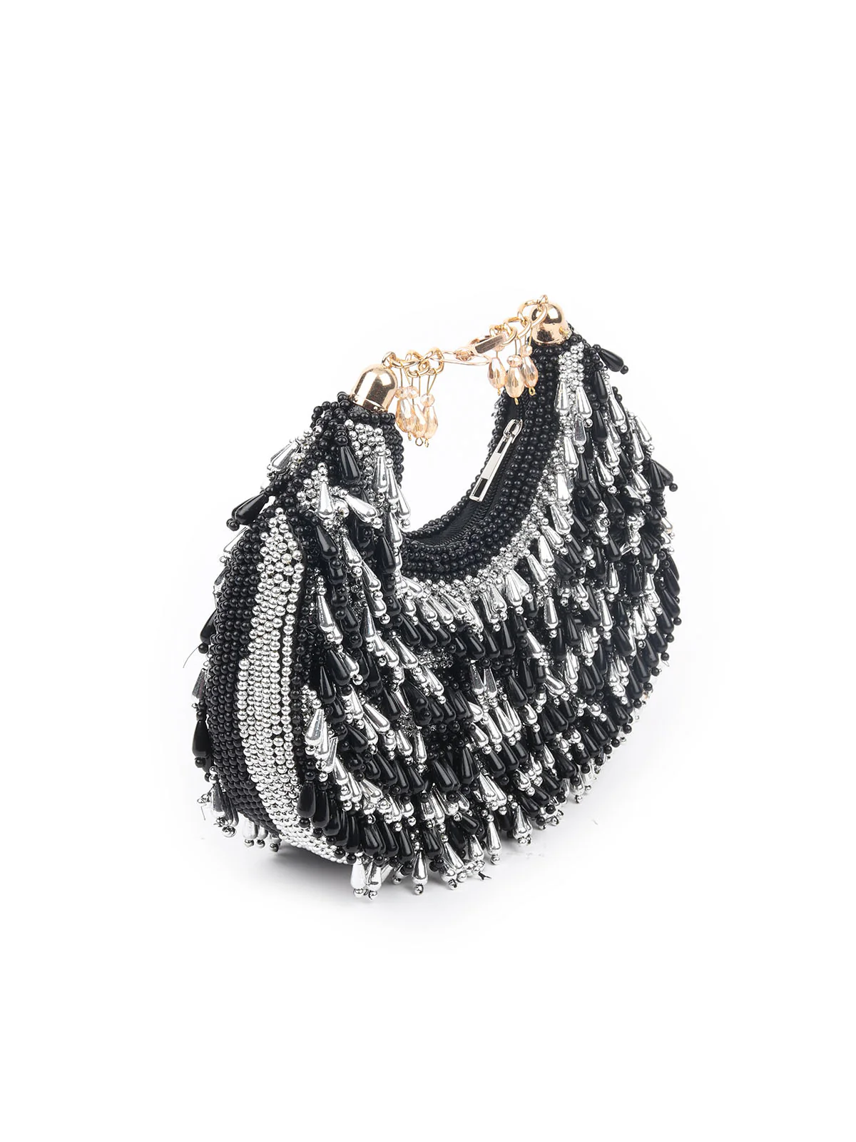 Odette Black And Silver Suede Bead Work Hand Bag For Women - Image 4