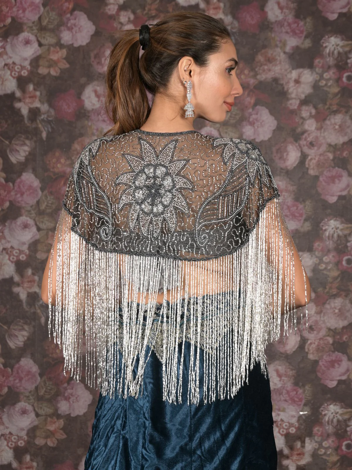 Odette Black and Silver Tasseled Cape For Women - Image 4