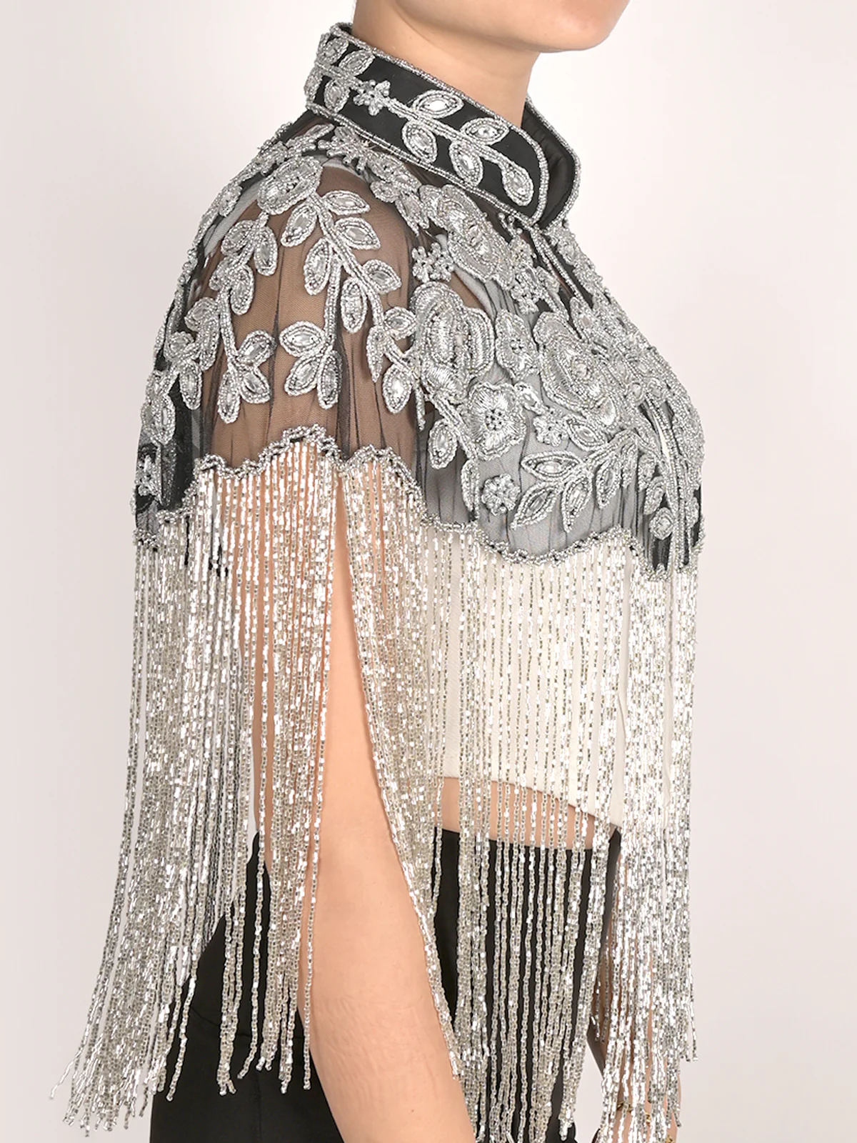Odette Black and Silver Tasseled Cape For Women - Image 2
