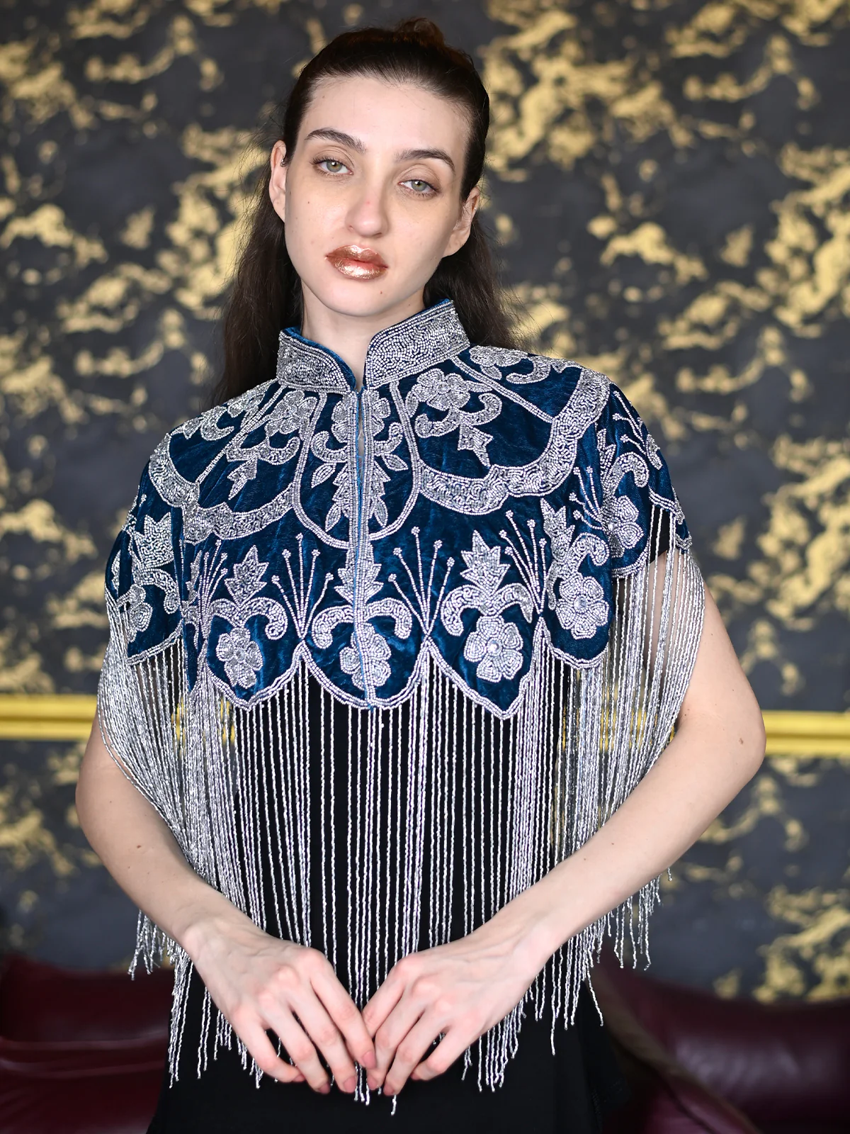 Odette Teal and Silver Tasseled Velvet Cape For Women