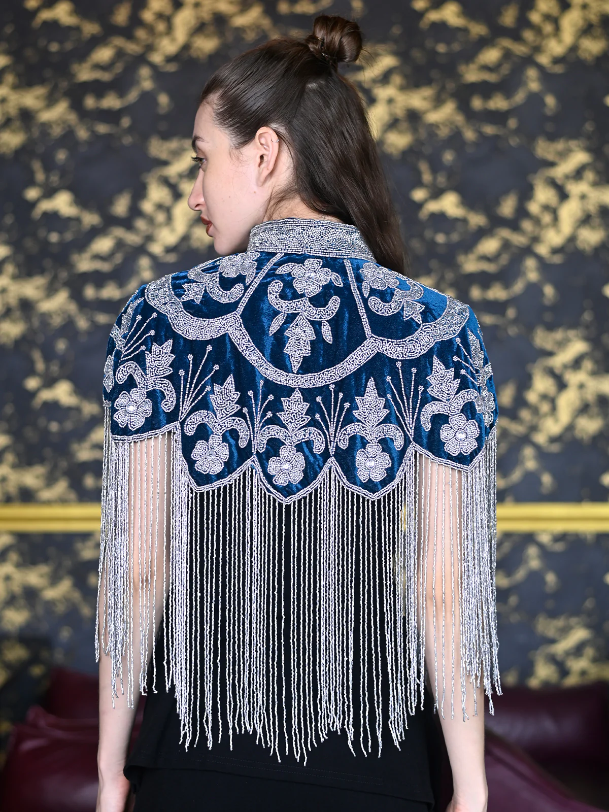 Odette Teal and Silver Tasseled Velvet Cape For Women - Image 3