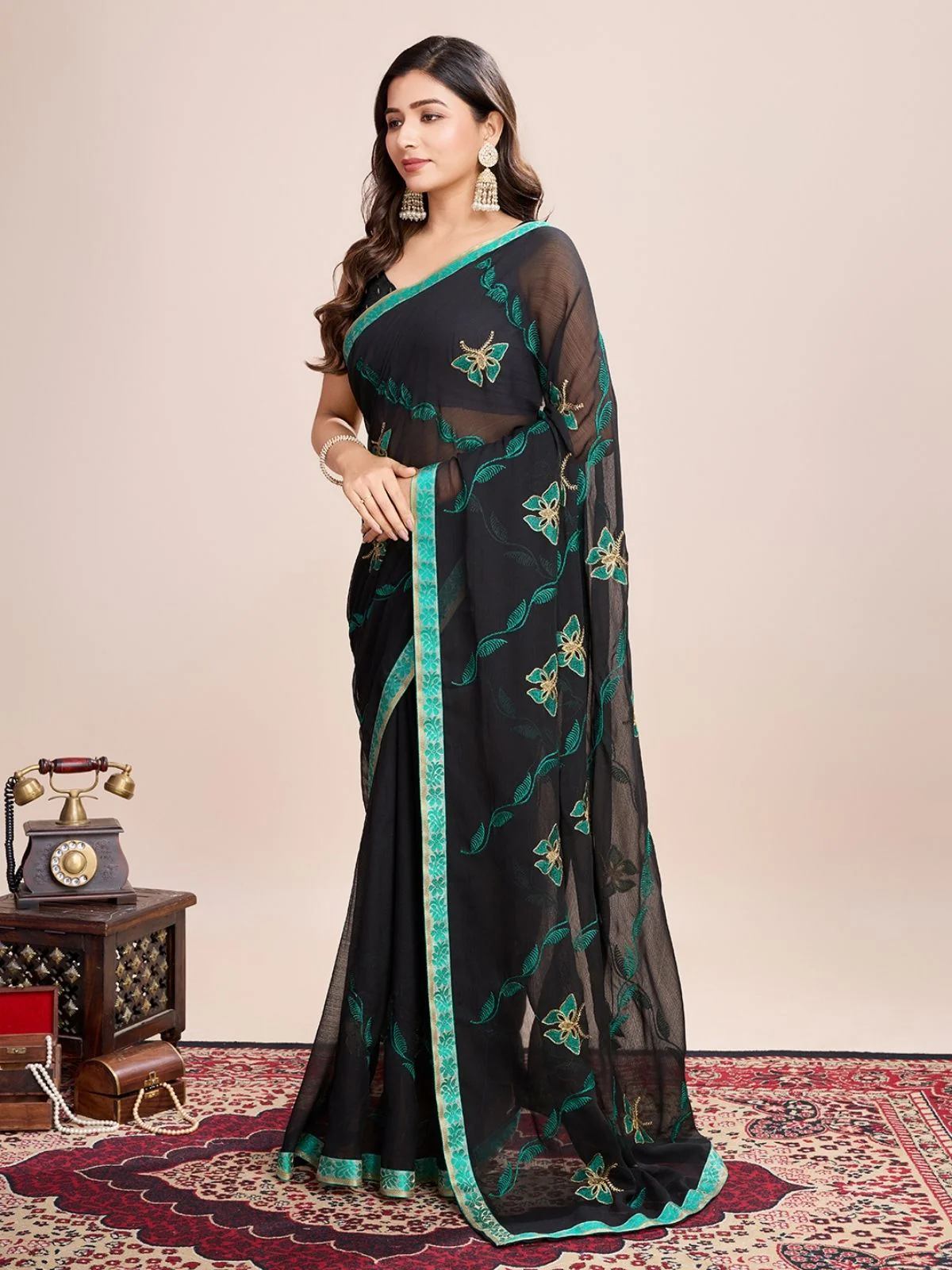 Odette Black And Teal Georgette Embroidered Saree With Unstitched Blouse For Women - Image 2