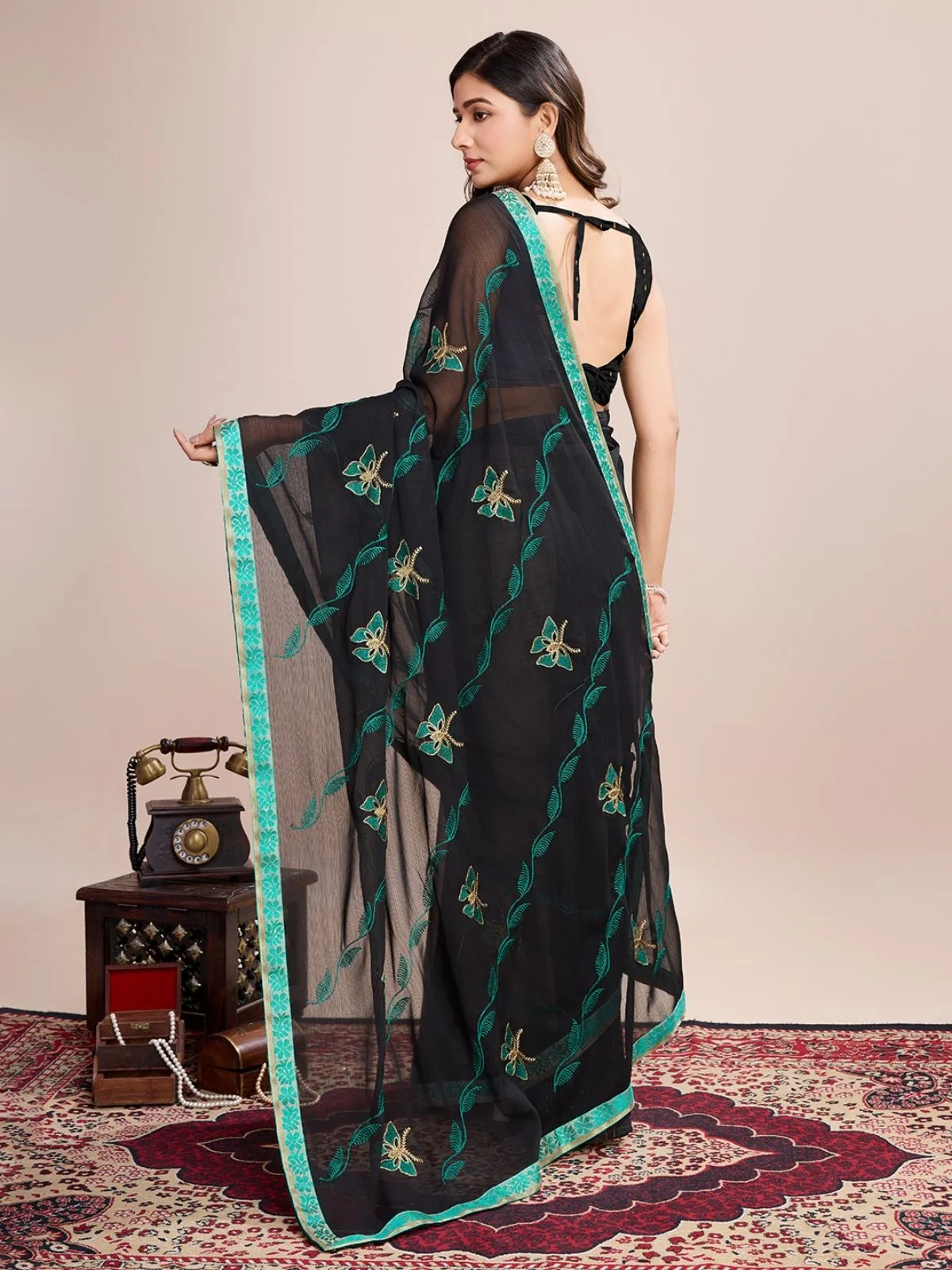 Odette Black And Teal Georgette Embroidered Saree With Unstitched Blouse For Women - Image 3
