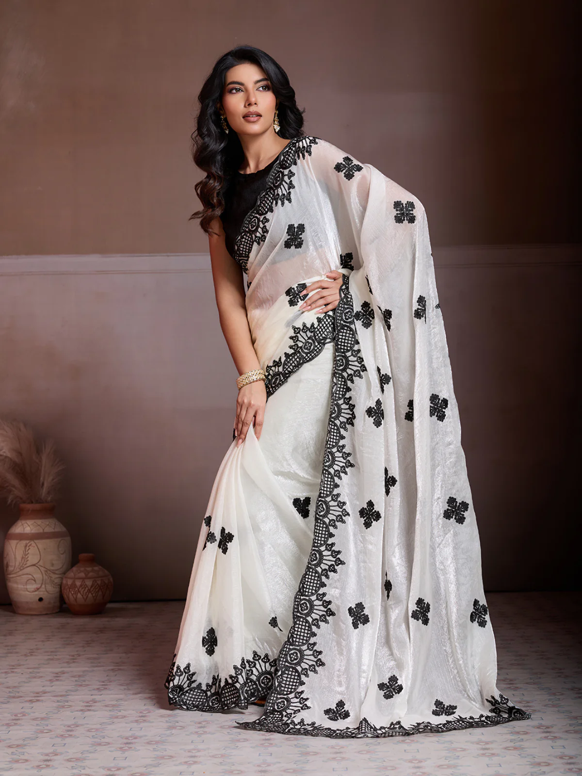 Odette  Black And white Chiffon Embroidered Saree For Women - Image 2