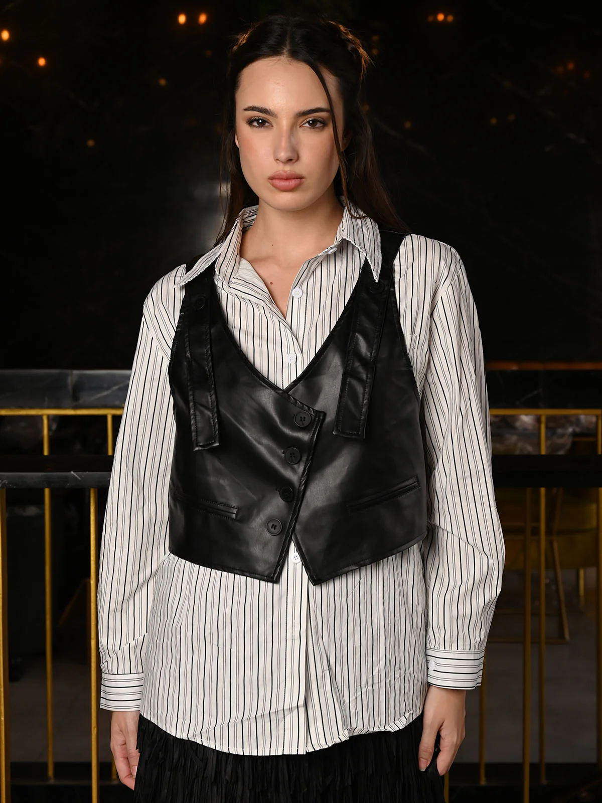 Odette Black And White Cotton Striped Shirt With PU Waist Coat For Women - Image 2