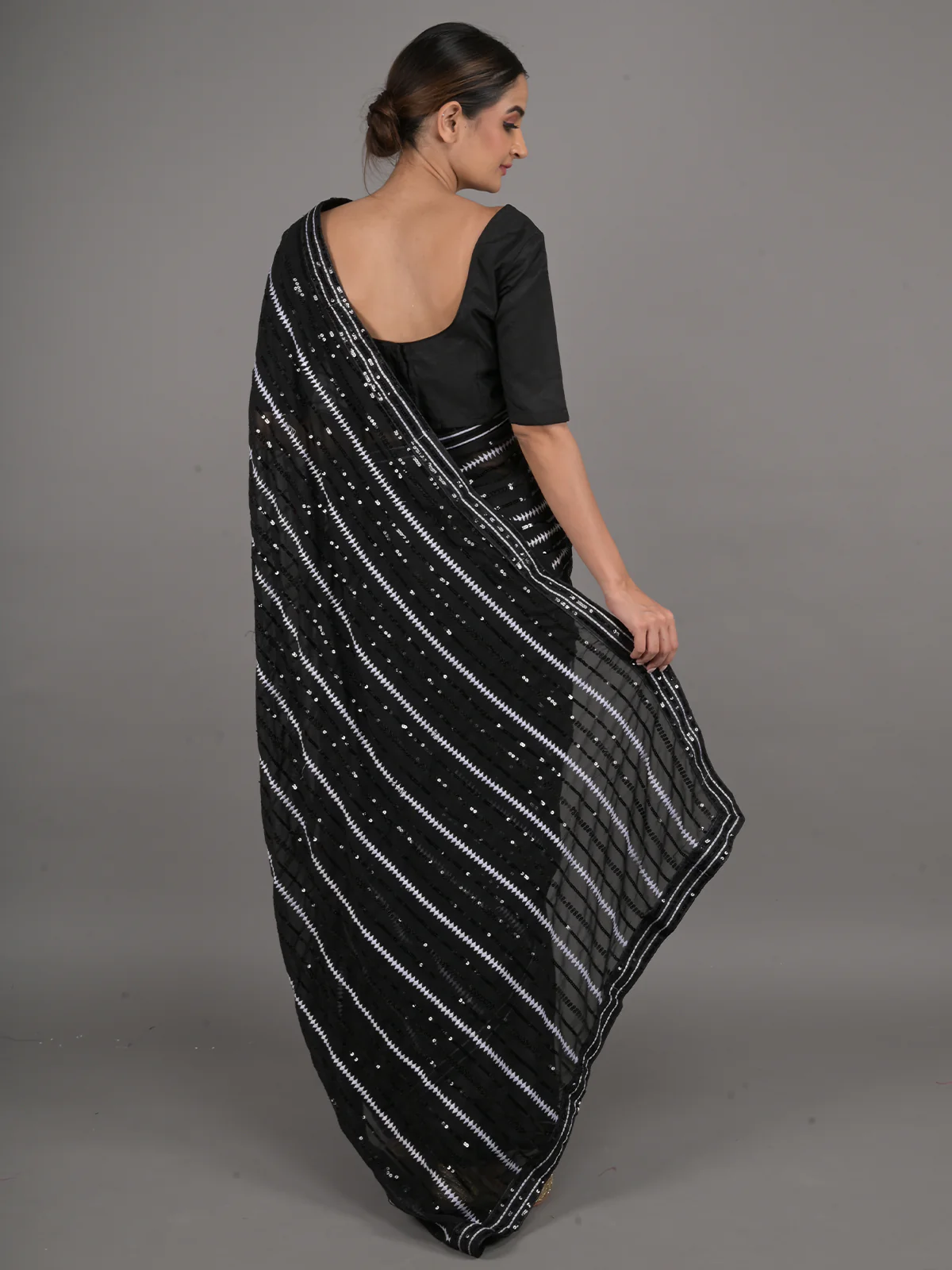 Odette Black and White Sequins Embroidered Georgette Saree with Unstitched Blouse for Women - Image 3